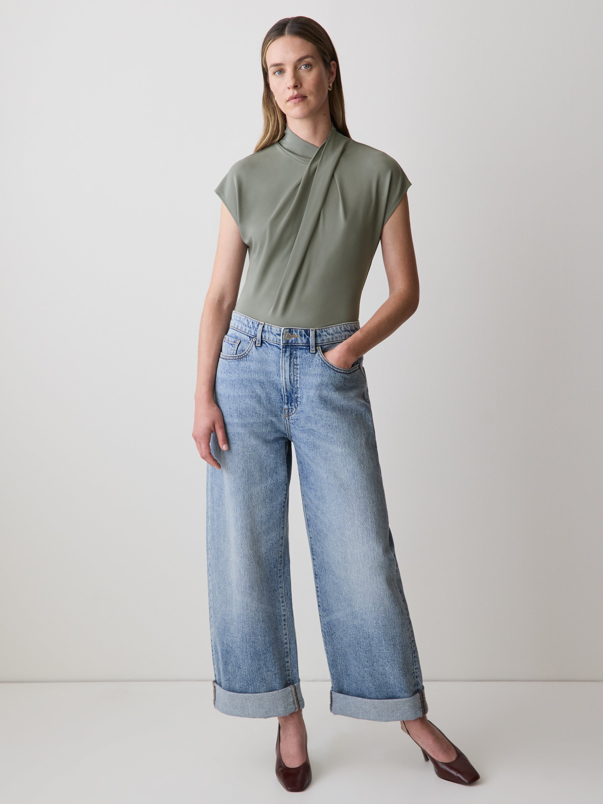 RW&CO Extended-Sleeve Top with Crossover Draped Mock Neckline
