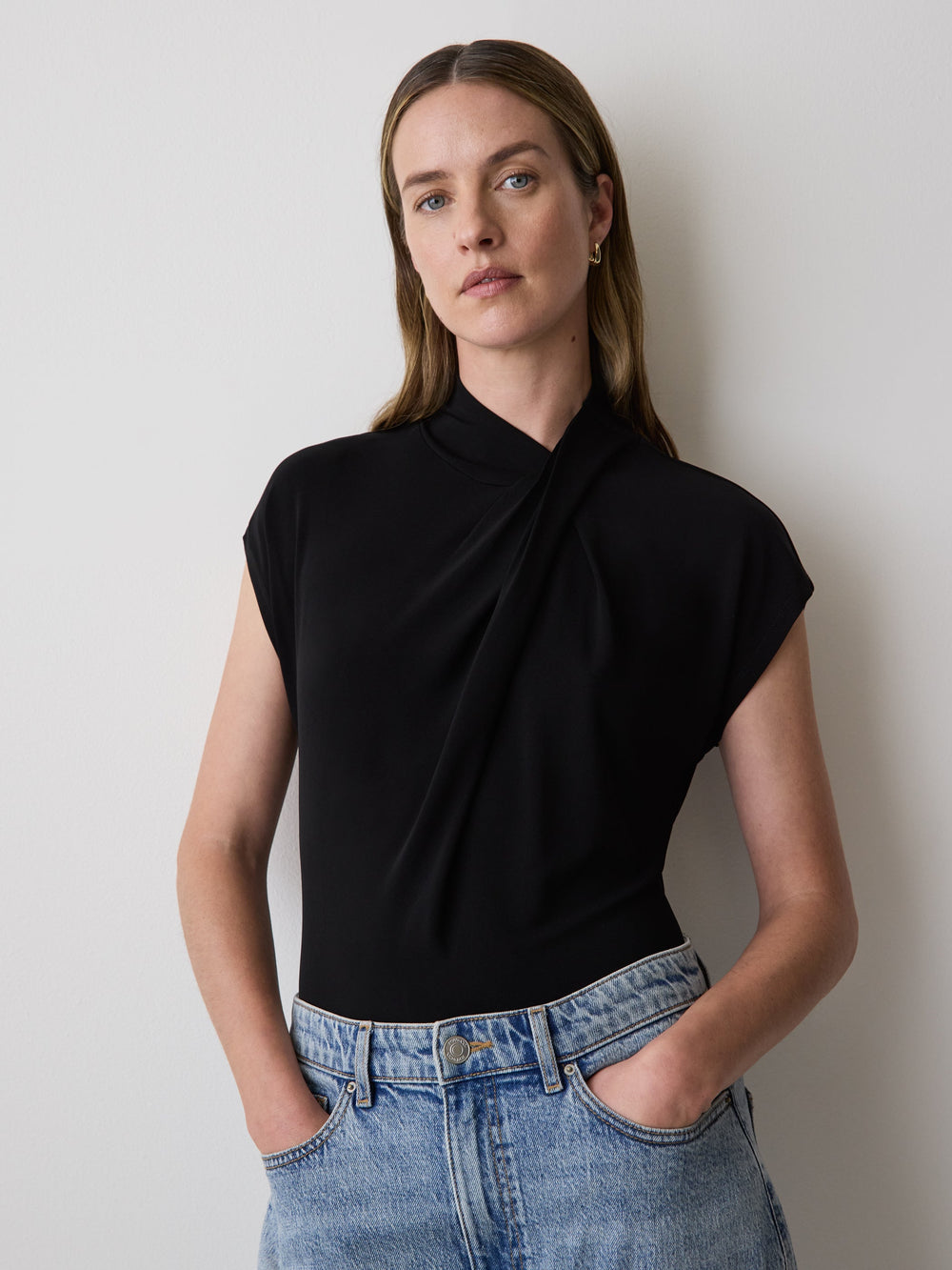 RW&CO Extended-Sleeve Top with Crossover Draped Mock Neckline