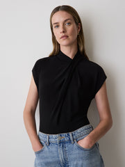 RW&CO Extended-Sleeve Top with Crossover Draped Mock Neckline