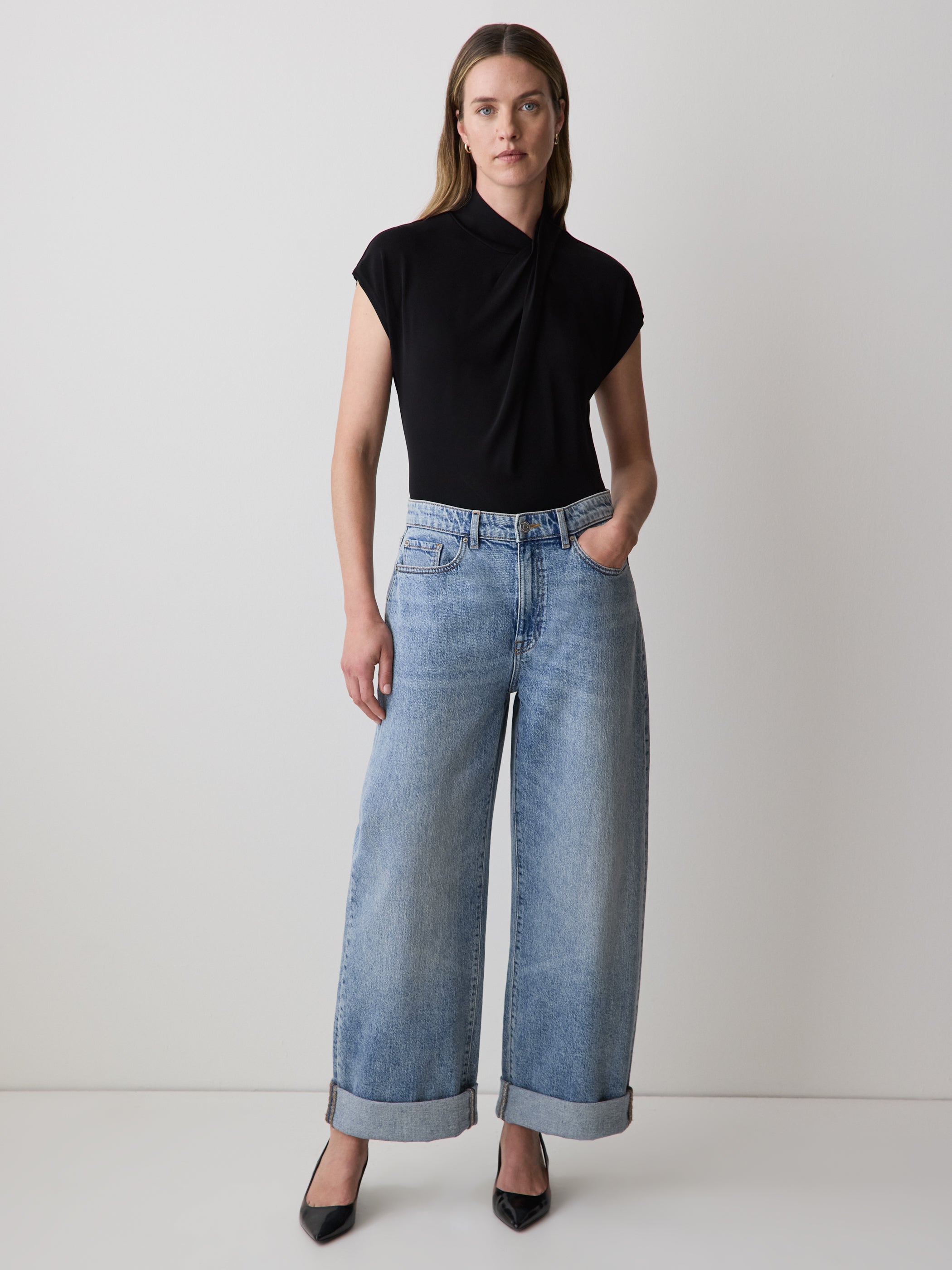 RW&CO Extended-Sleeve Top with Crossover Draped Mock Neckline
