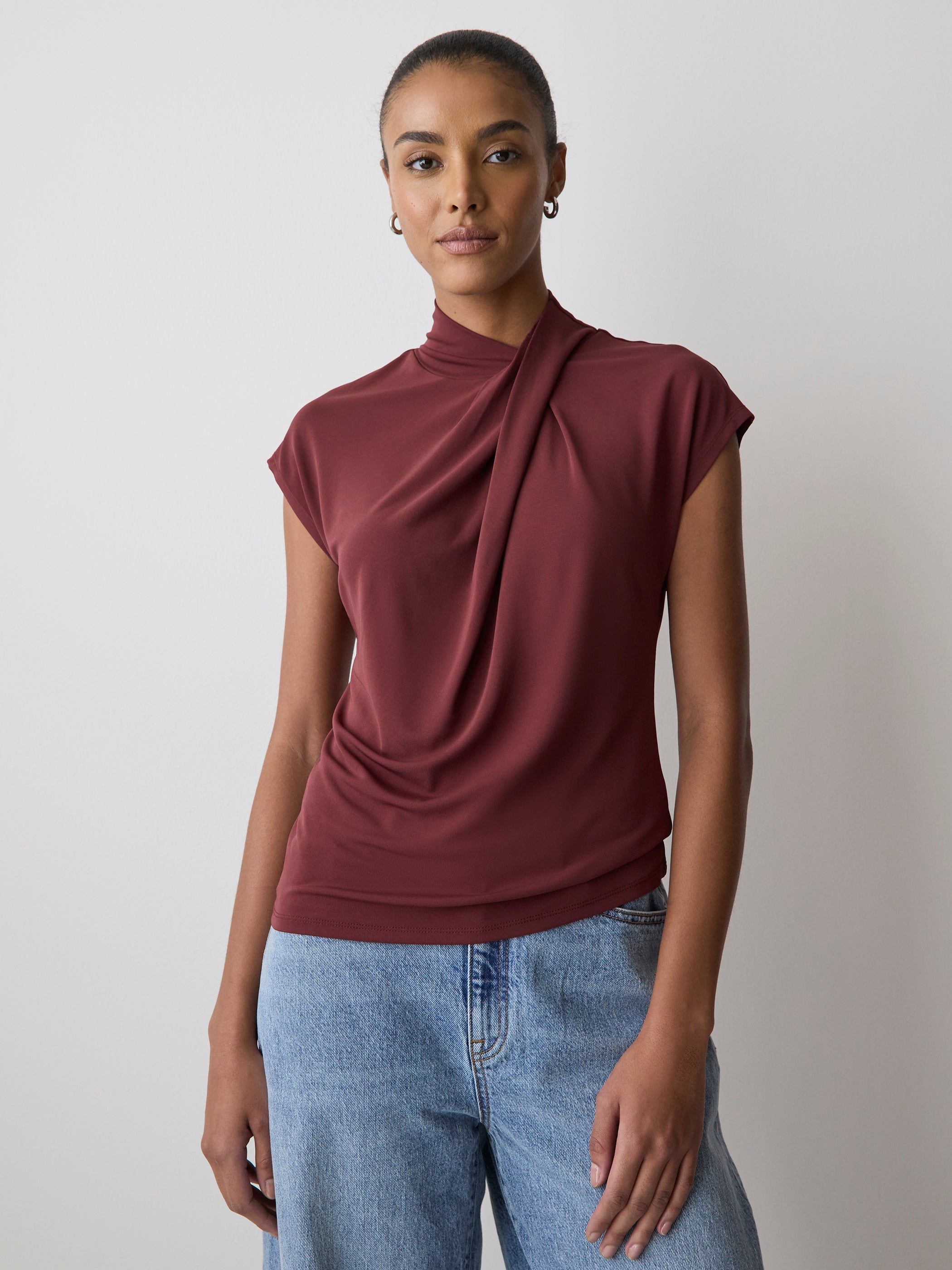 RW&CO Extended-Sleeve Top with Crossover Draped Mock Neckline