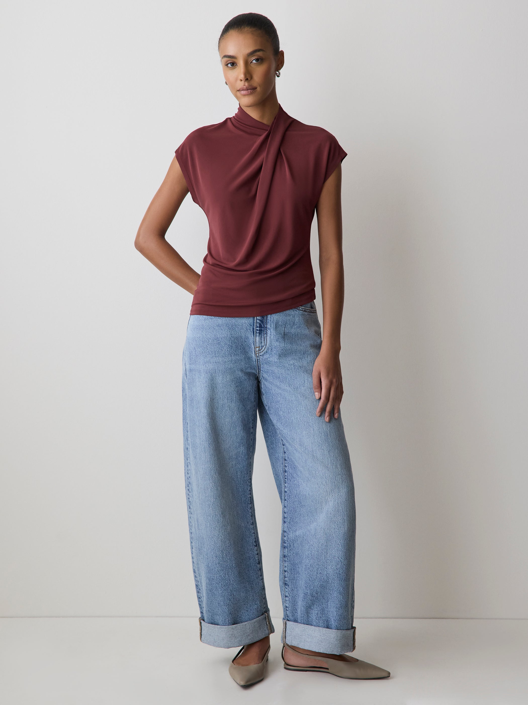 RW&CO Extended-Sleeve Top with Crossover Draped Mock Neckline