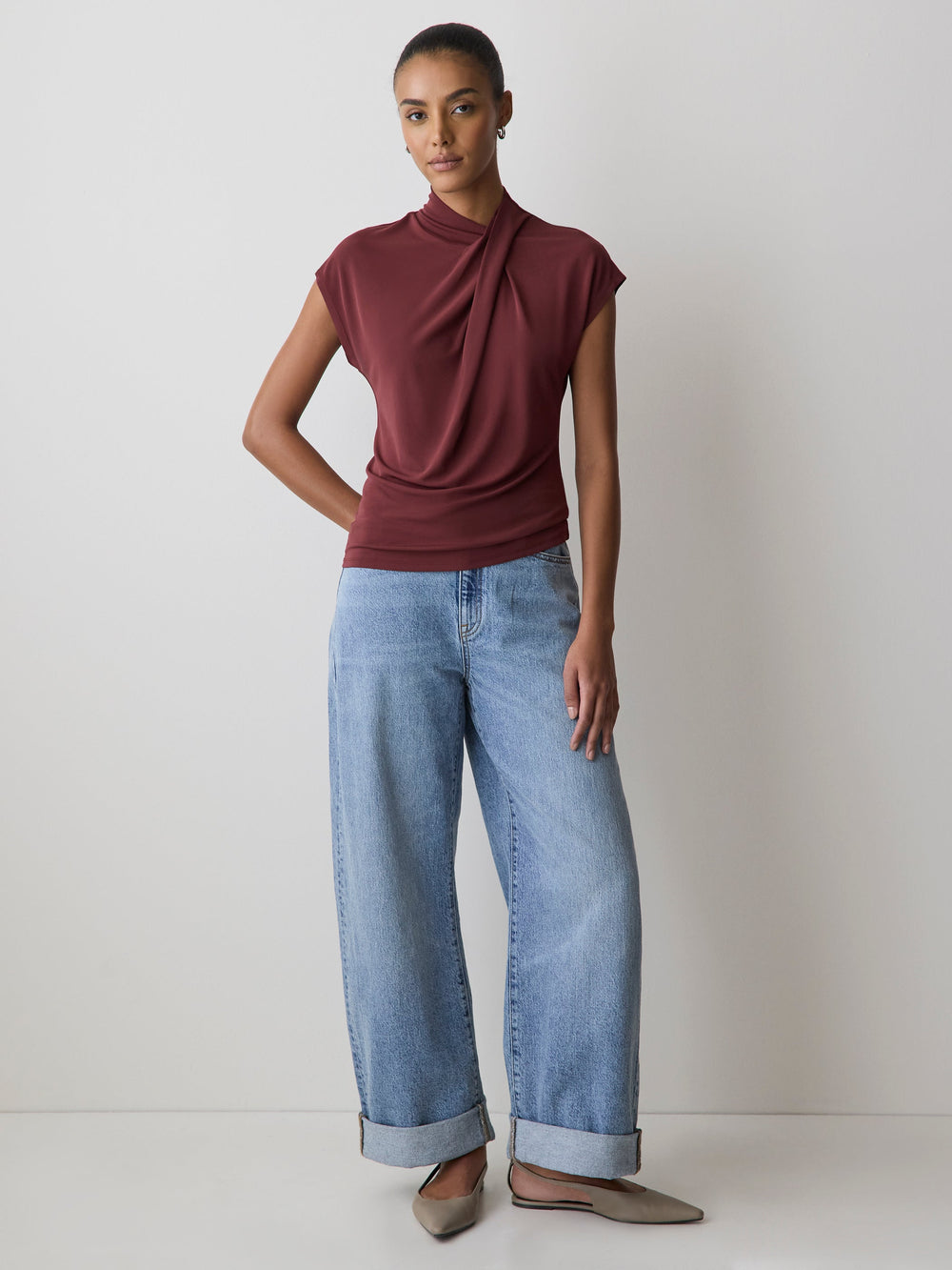 RW&CO Extended-Sleeve Top with Crossover Draped Mock Neckline