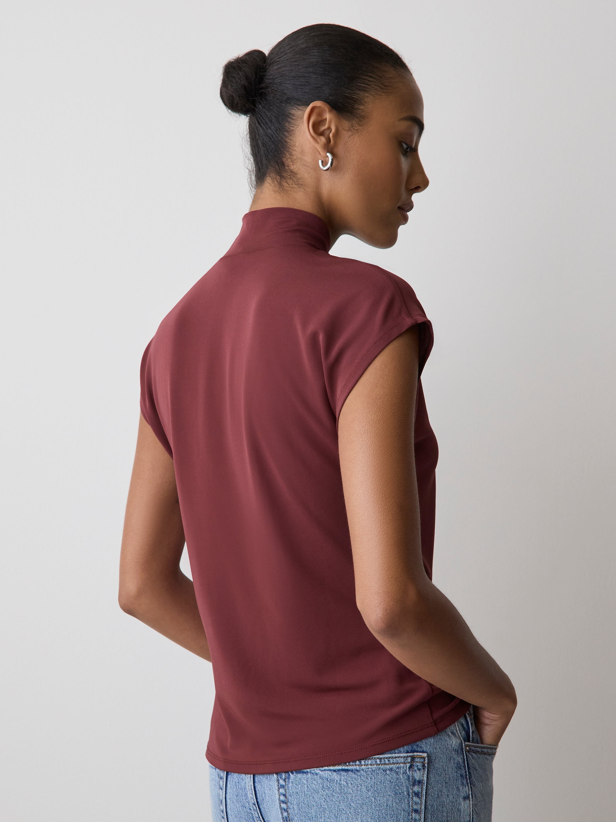 RW&CO Extended-Sleeve Top with Crossover Draped Mock Neckline