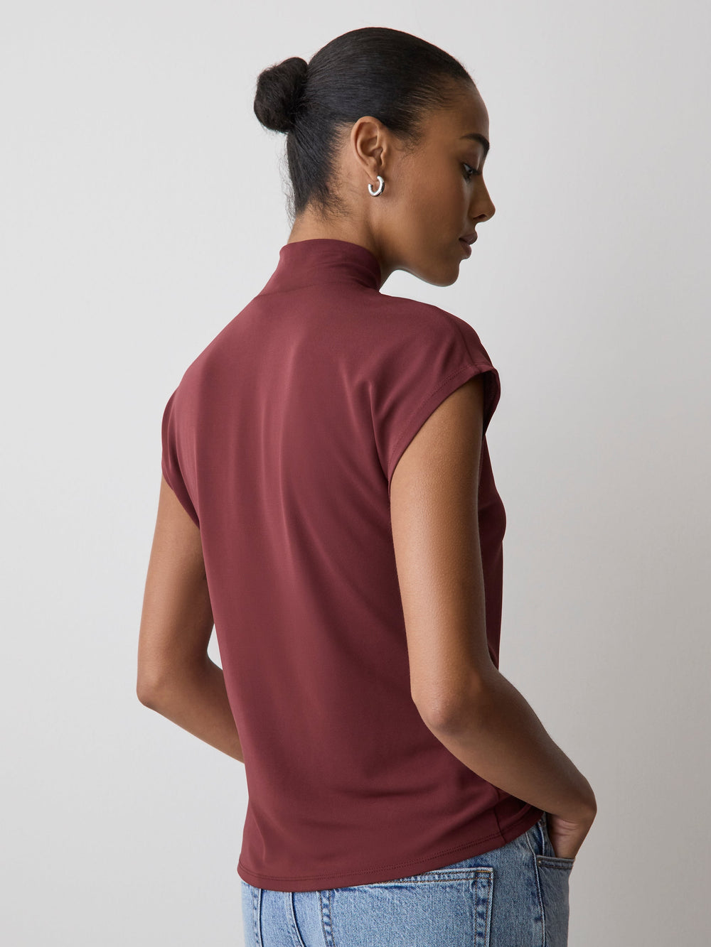 RW&CO Extended-Sleeve Top with Crossover Draped Mock Neckline