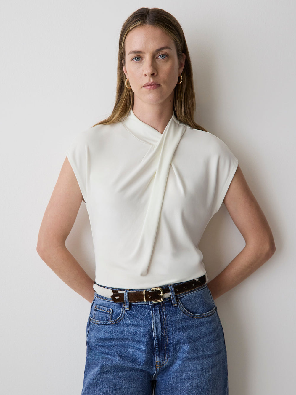 RW&CO Extended-Sleeve Top with Crossover Draped Mock Neckline