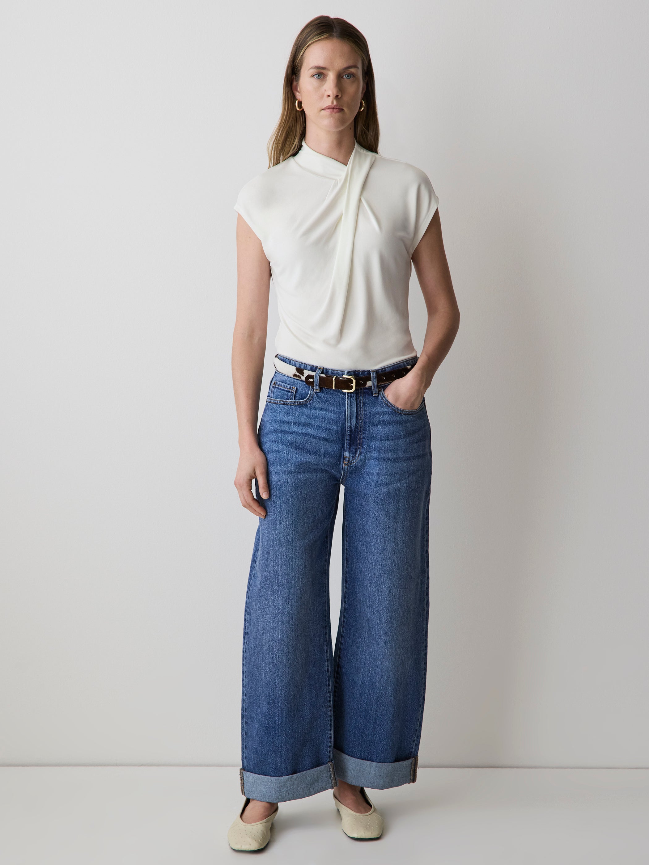 RW&CO Extended-Sleeve Top with Crossover Draped Mock Neckline