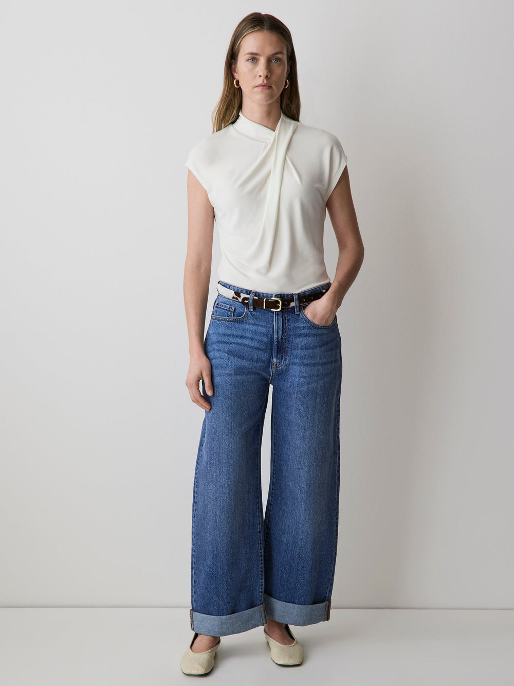 RW&CO Extended-Sleeve Top with Crossover Draped Mock Neckline