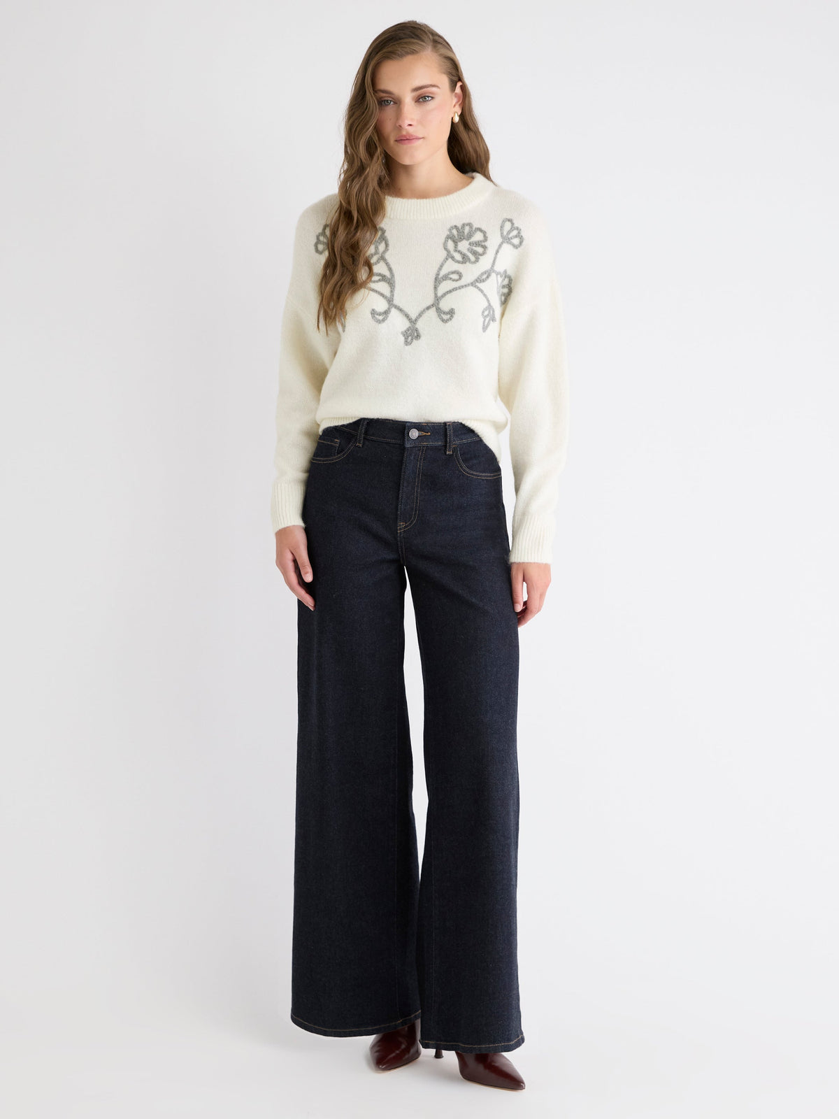 RW&CO Long-Sleeve Crew-Neck Sweater with Flower Appliqués