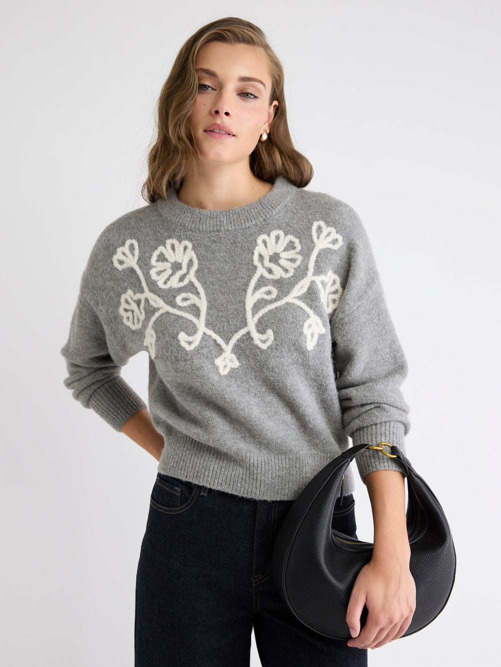 RW&CO Long-Sleeve Crew-Neck Sweater with Flower Appliqués