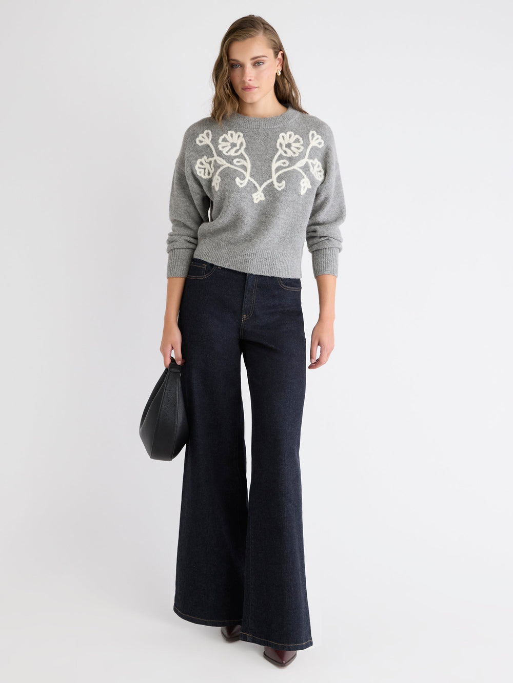 RW&CO Long-Sleeve Crew-Neck Sweater with Flower Appliqués
