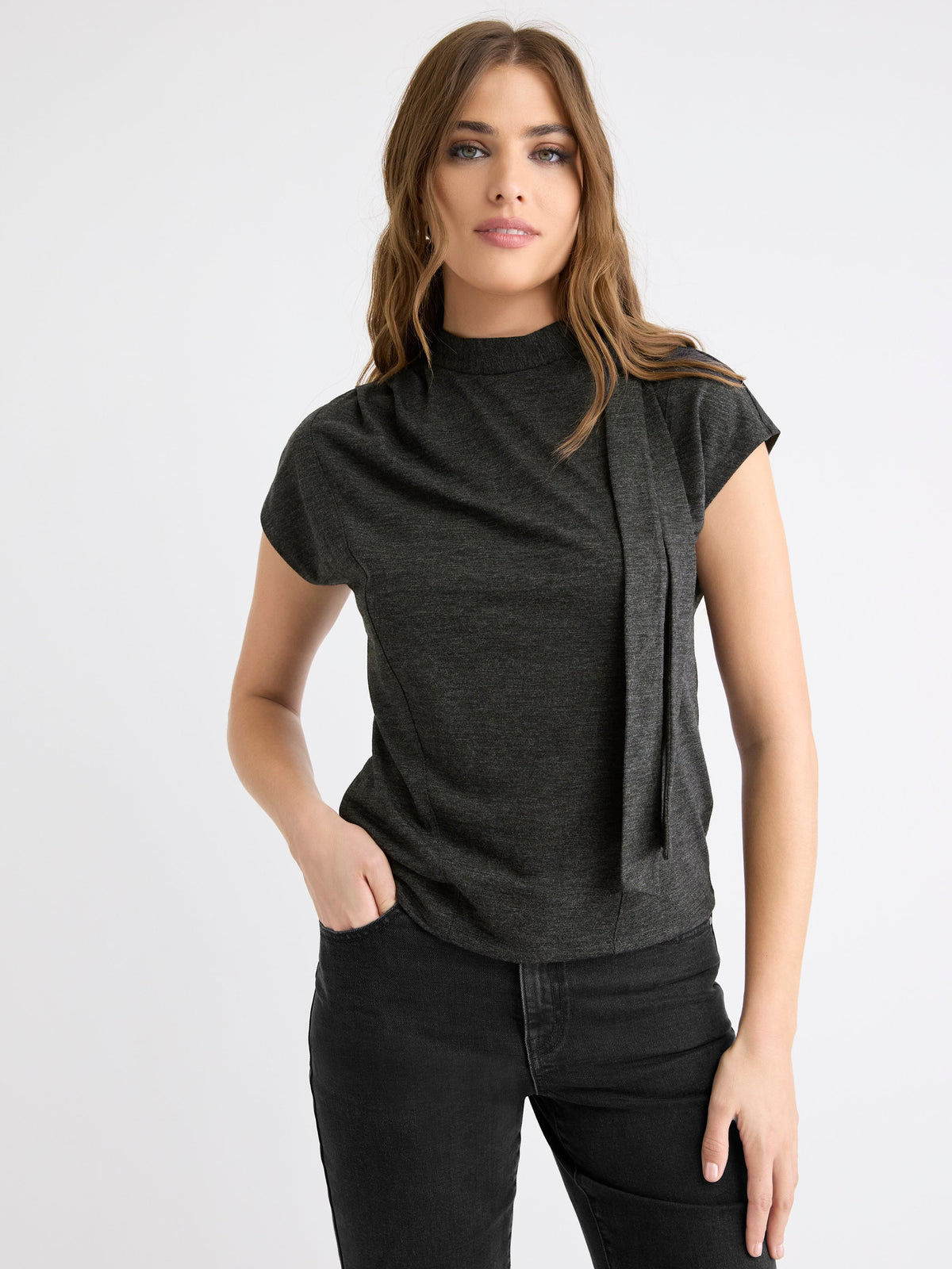 RW&CO Extended-Sleeve Mock-Neck Top with Tie