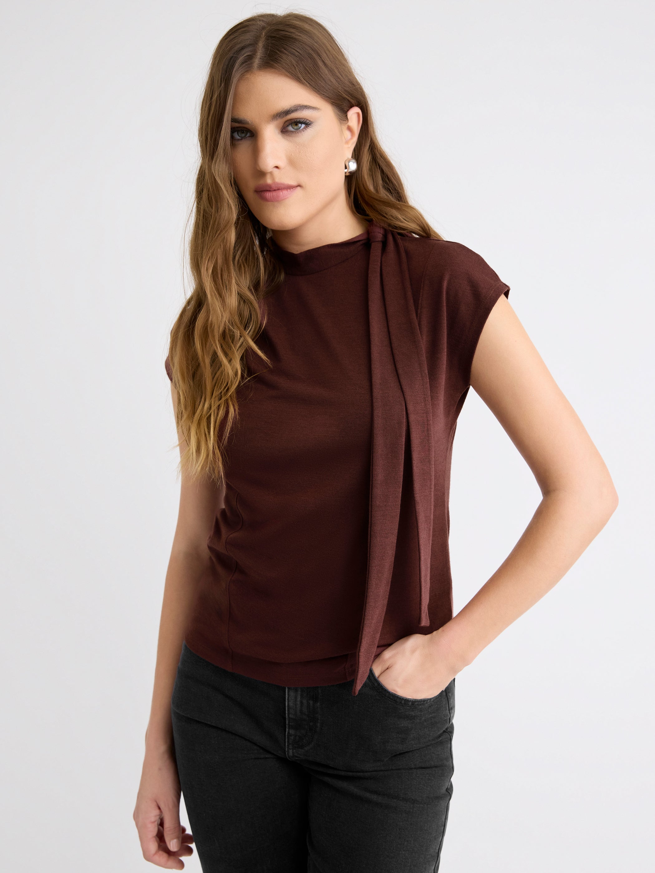 RW&CO Extended-Sleeve Mock-Neck Top with Tie