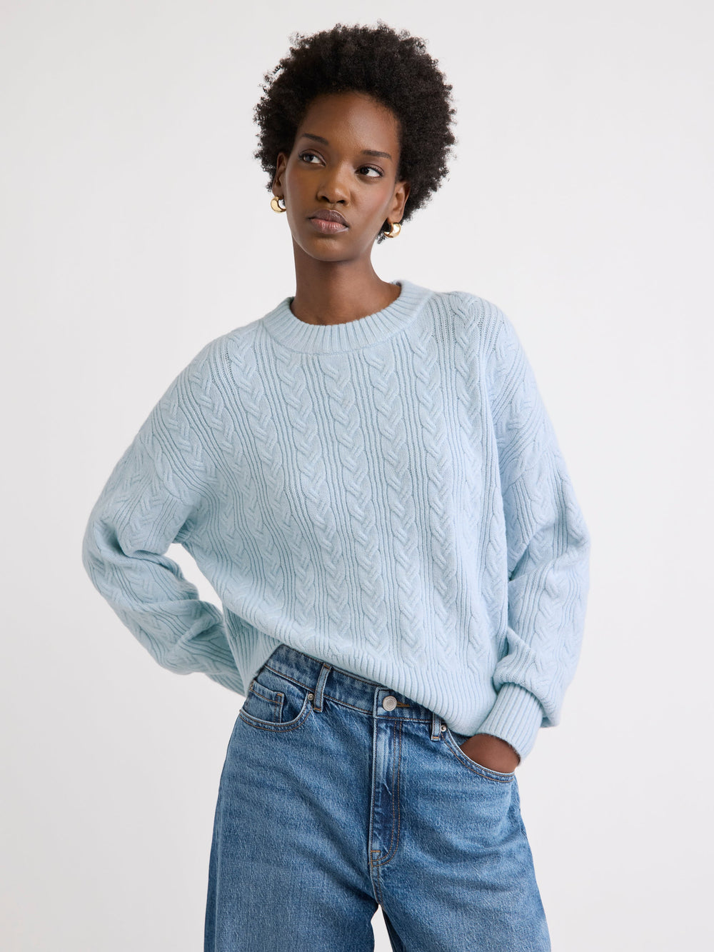 RW&CO Long-Sleeve Crew-Neck Sweater with Cable Stitches