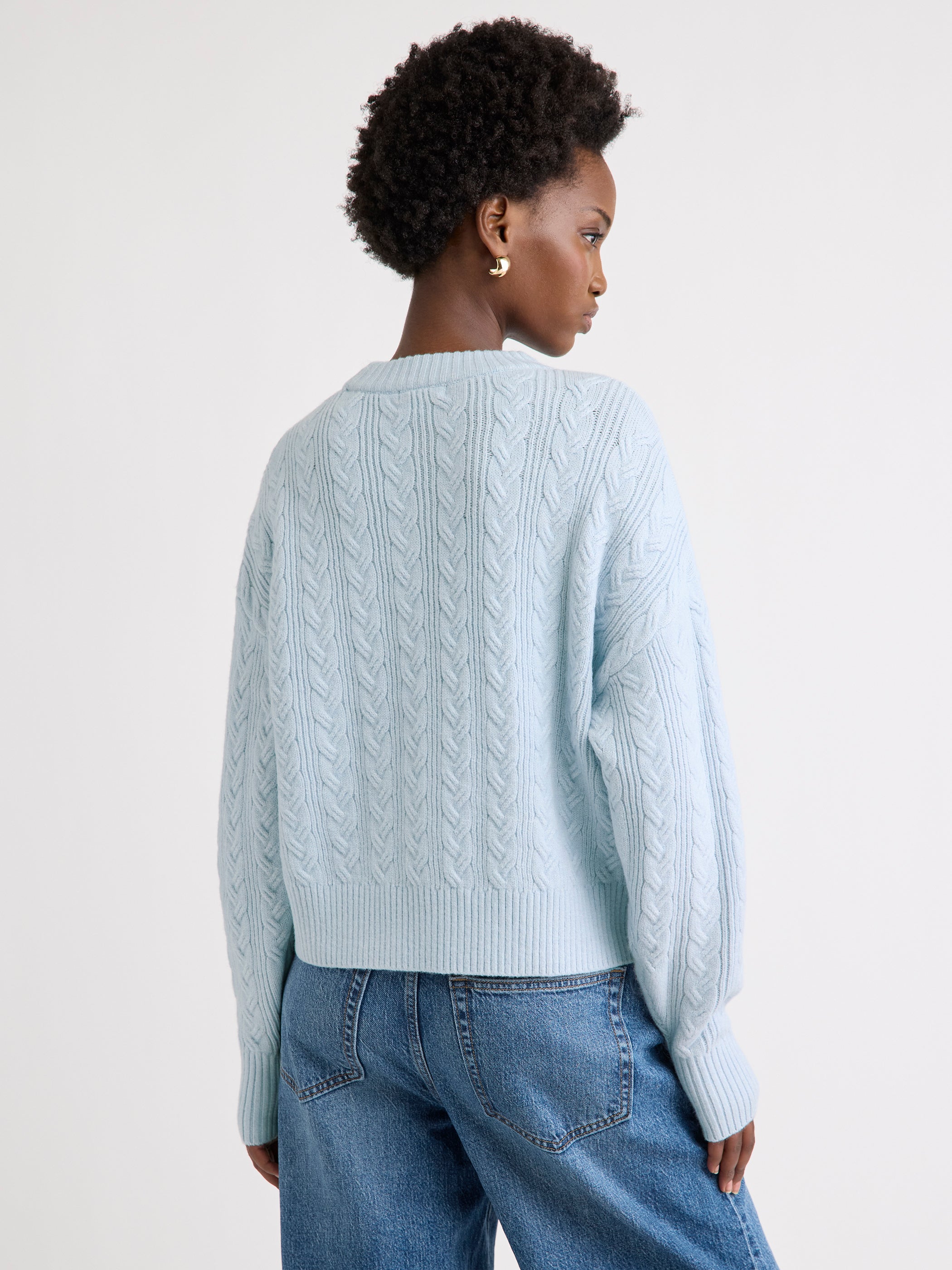RW&CO Long-Sleeve Crew-Neck Sweater with Cable Stitches