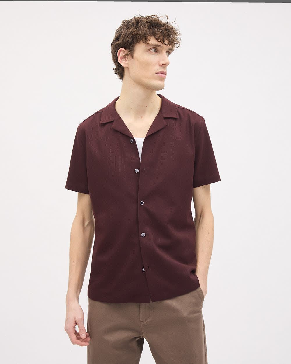 RW&CO Short-Sleeve Herringbone Shirt with Camp Collar