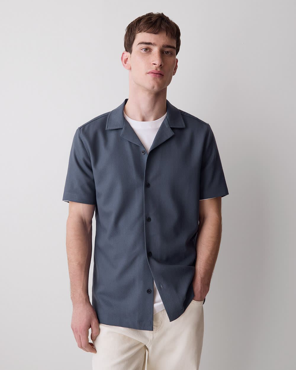 RW&CO Short-Sleeve Herringbone Shirt with Camp Collar