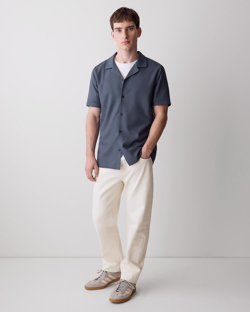 RW&CO Short-Sleeve Herringbone Shirt with Camp Collar