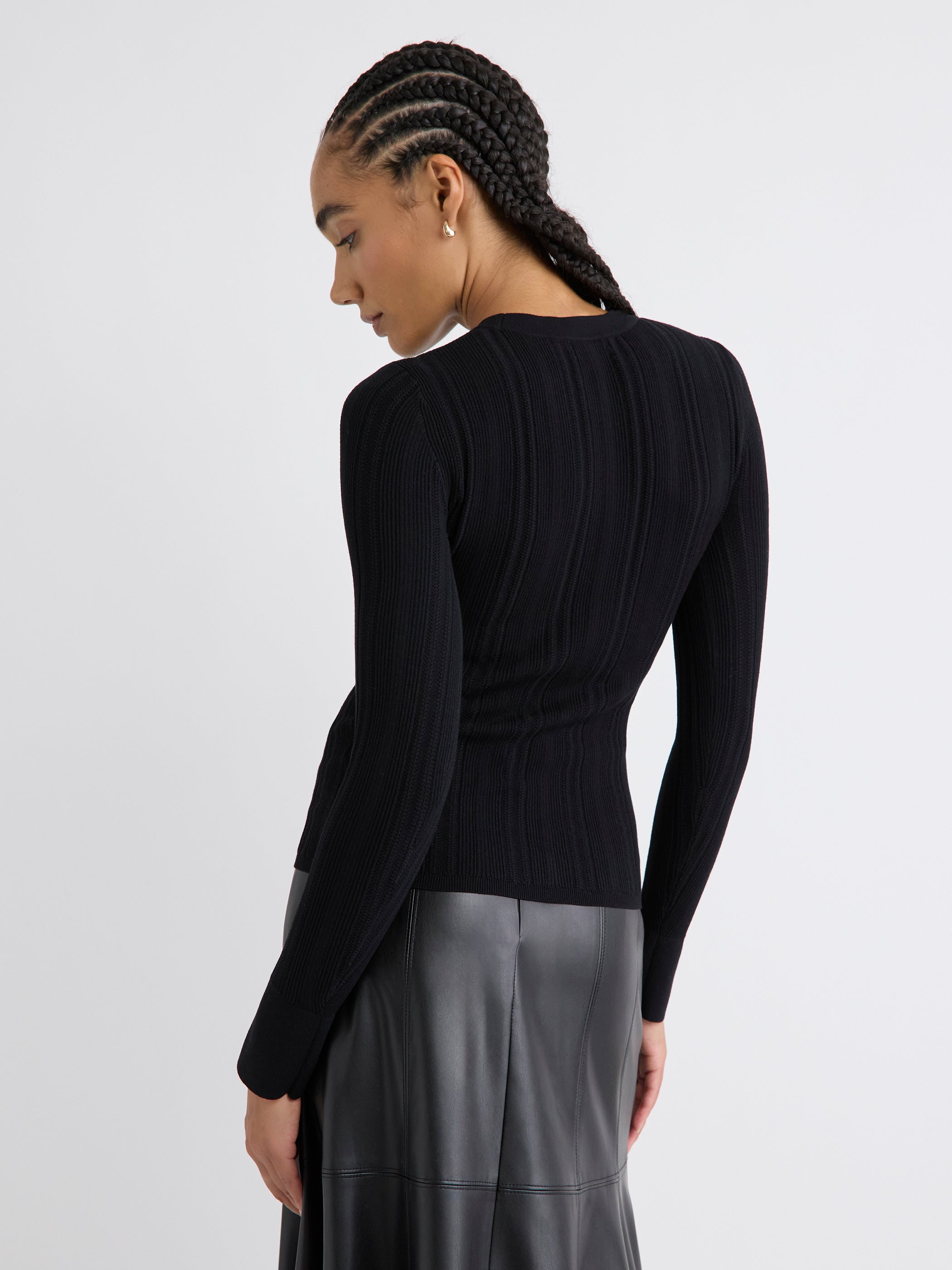 RW&CO Long-Sleeve Crew-Neck Bodycon Top with Pointelle Stitches