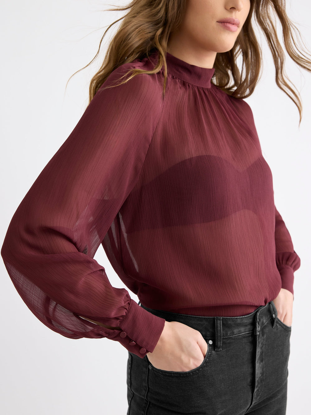 RW&CO Long-Sleeve Chiffon Popover Blouse