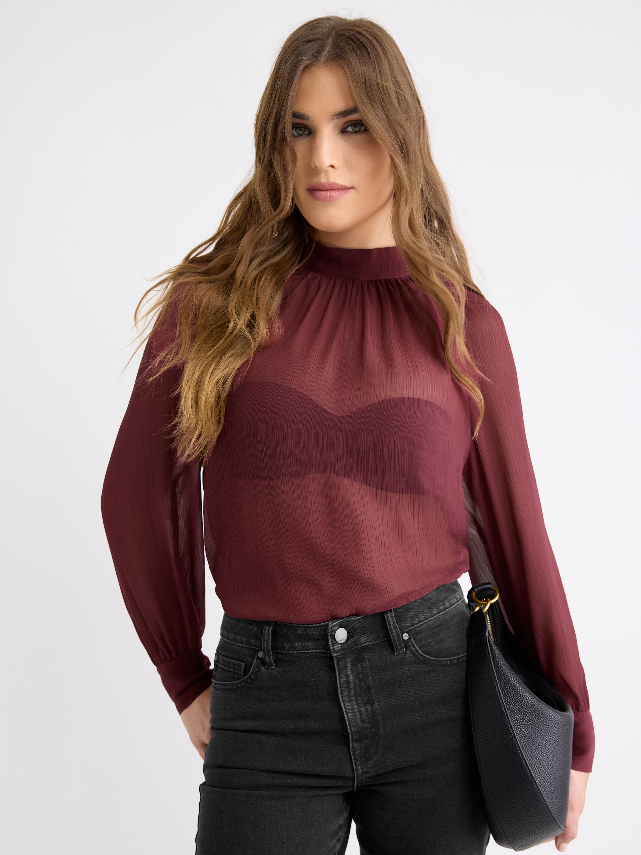 RW&CO Long-Sleeve Chiffon Popover Blouse