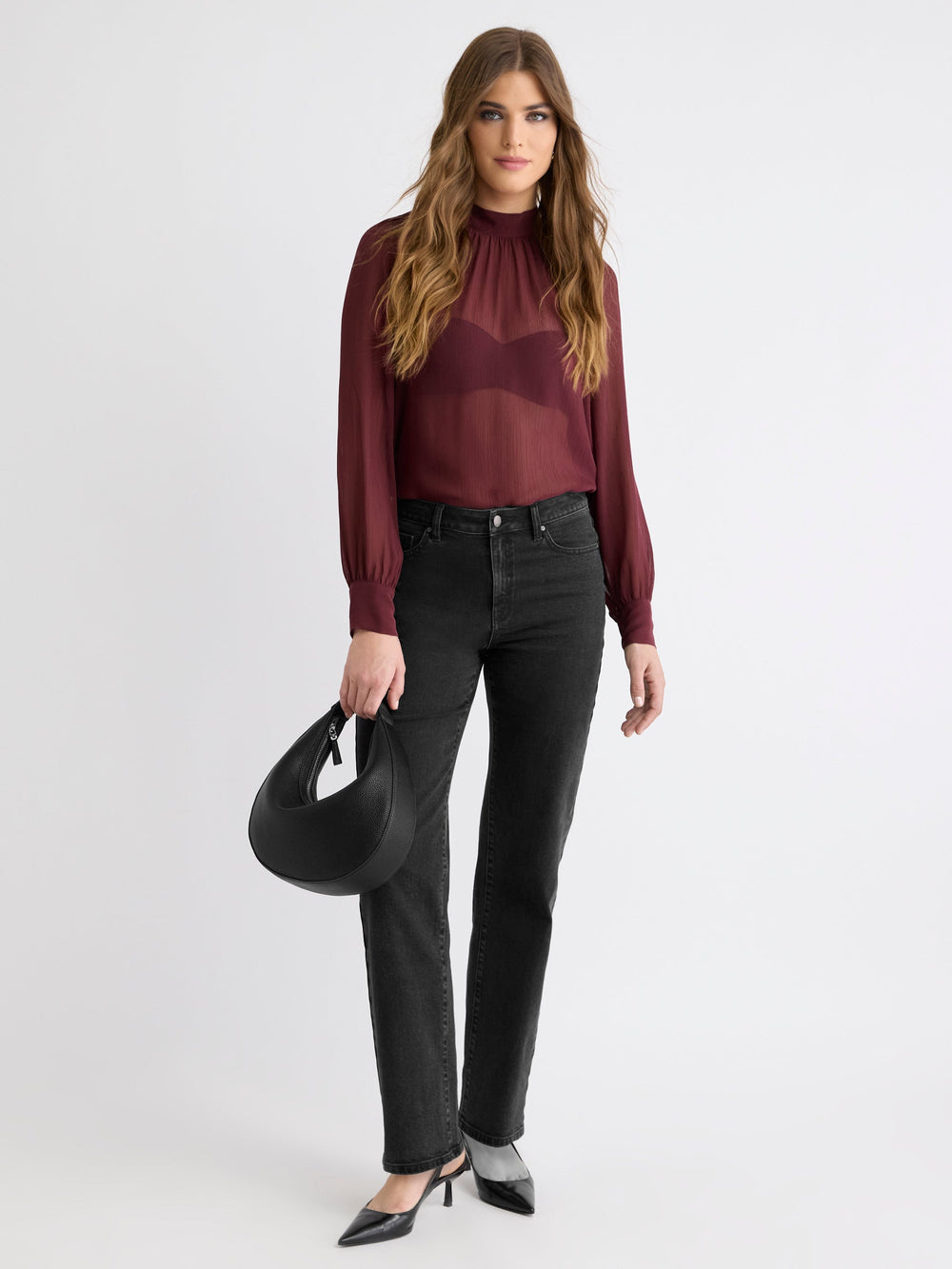 RW&CO Long-Sleeve Chiffon Popover Blouse