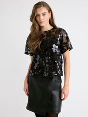 RW&CO Short-Sleeve Crew-Neck Sequins Popover Blouse