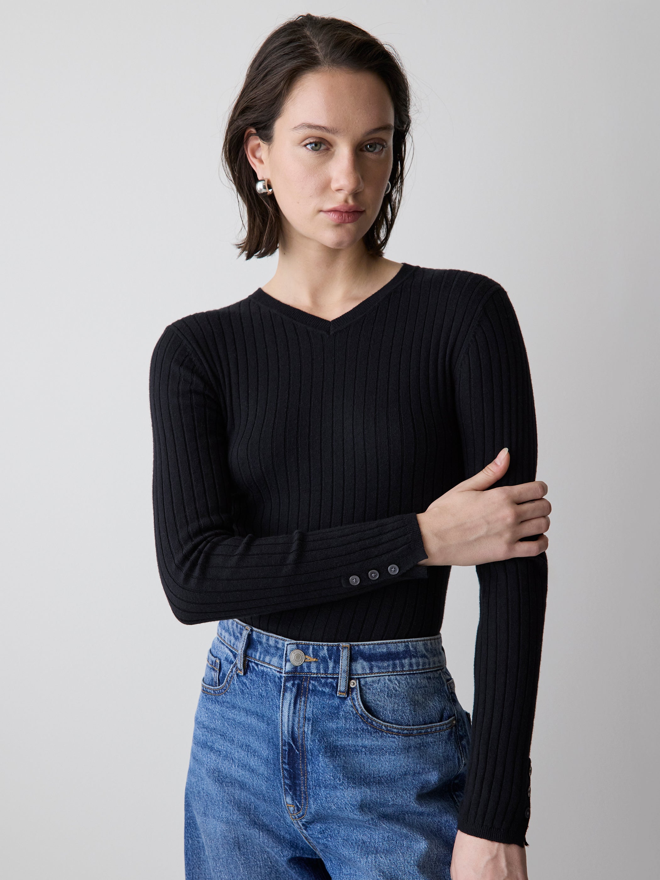 RW&CO V-Neck Sweater with Buttons on Sleeves