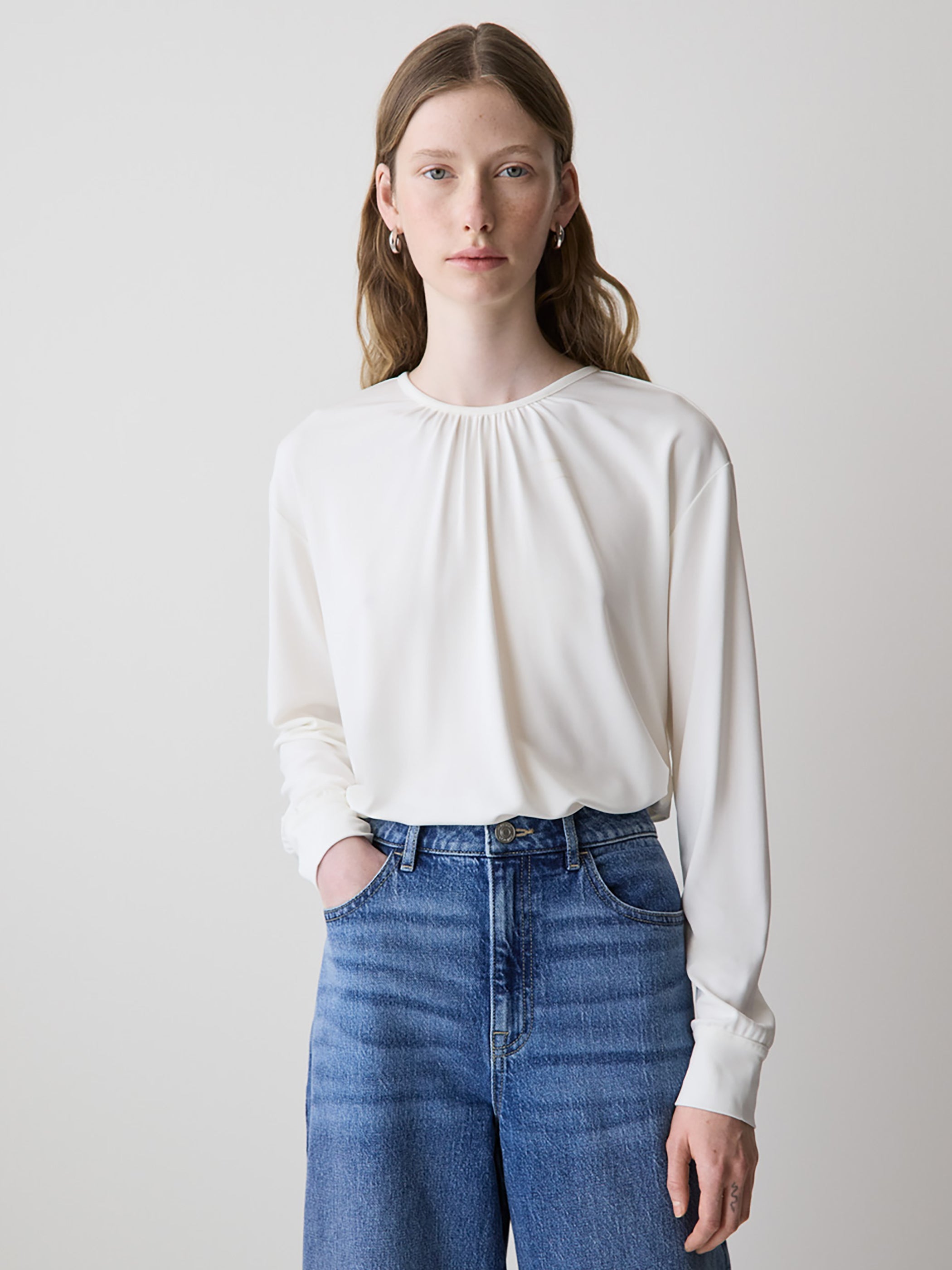 RW&CO Long-Sleeve Top with Shirred Crew Neckline