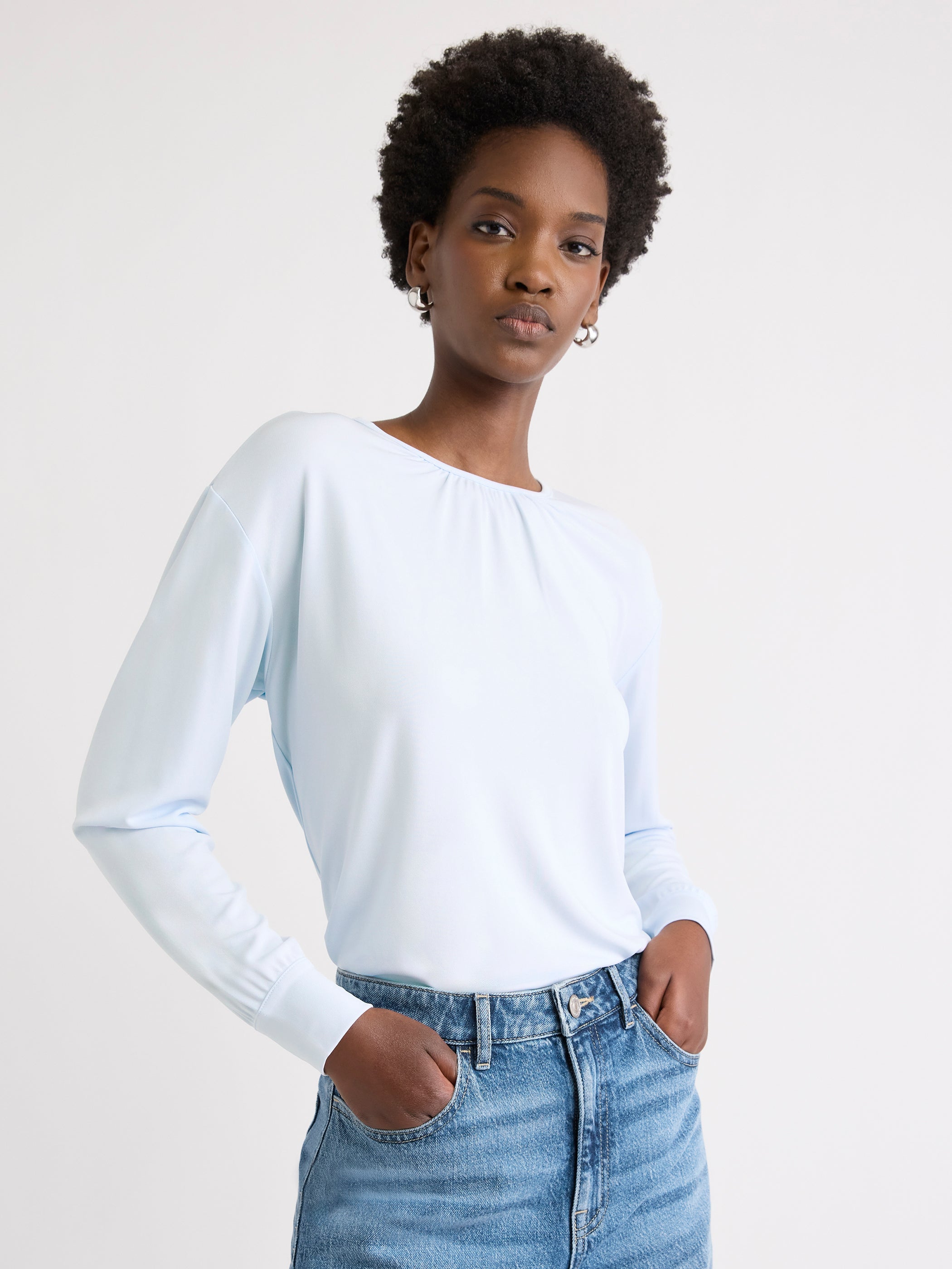RW&CO Long-Sleeve Top with Shirred Crew Neckline