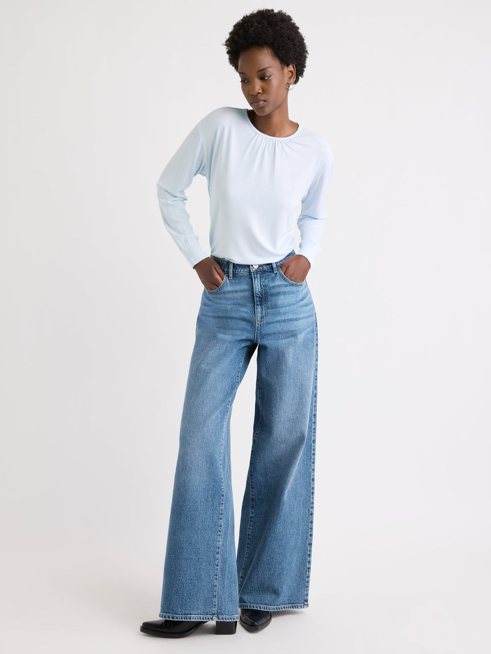 RW&CO Long-Sleeve Top with Shirred Crew Neckline