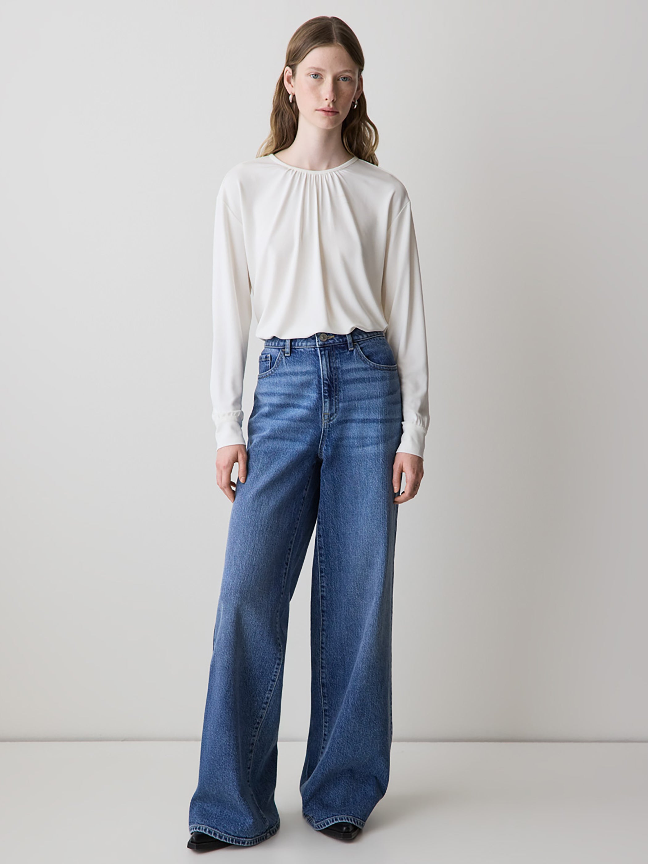 RW&CO Long-Sleeve Top with Shirred Crew Neckline