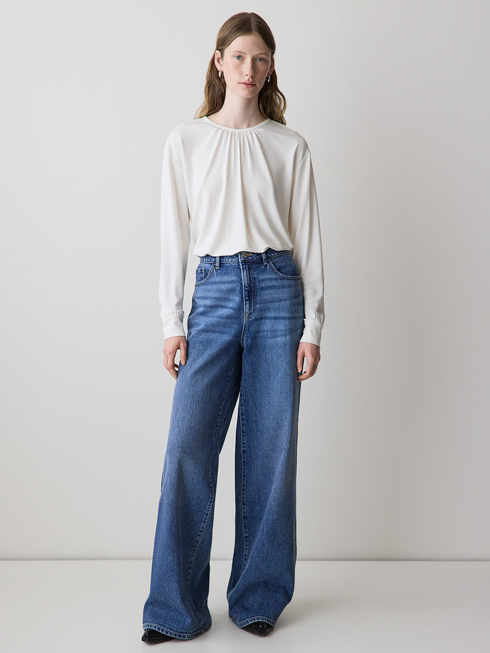 RW&CO Long-Sleeve Top with Shirred Crew Neckline