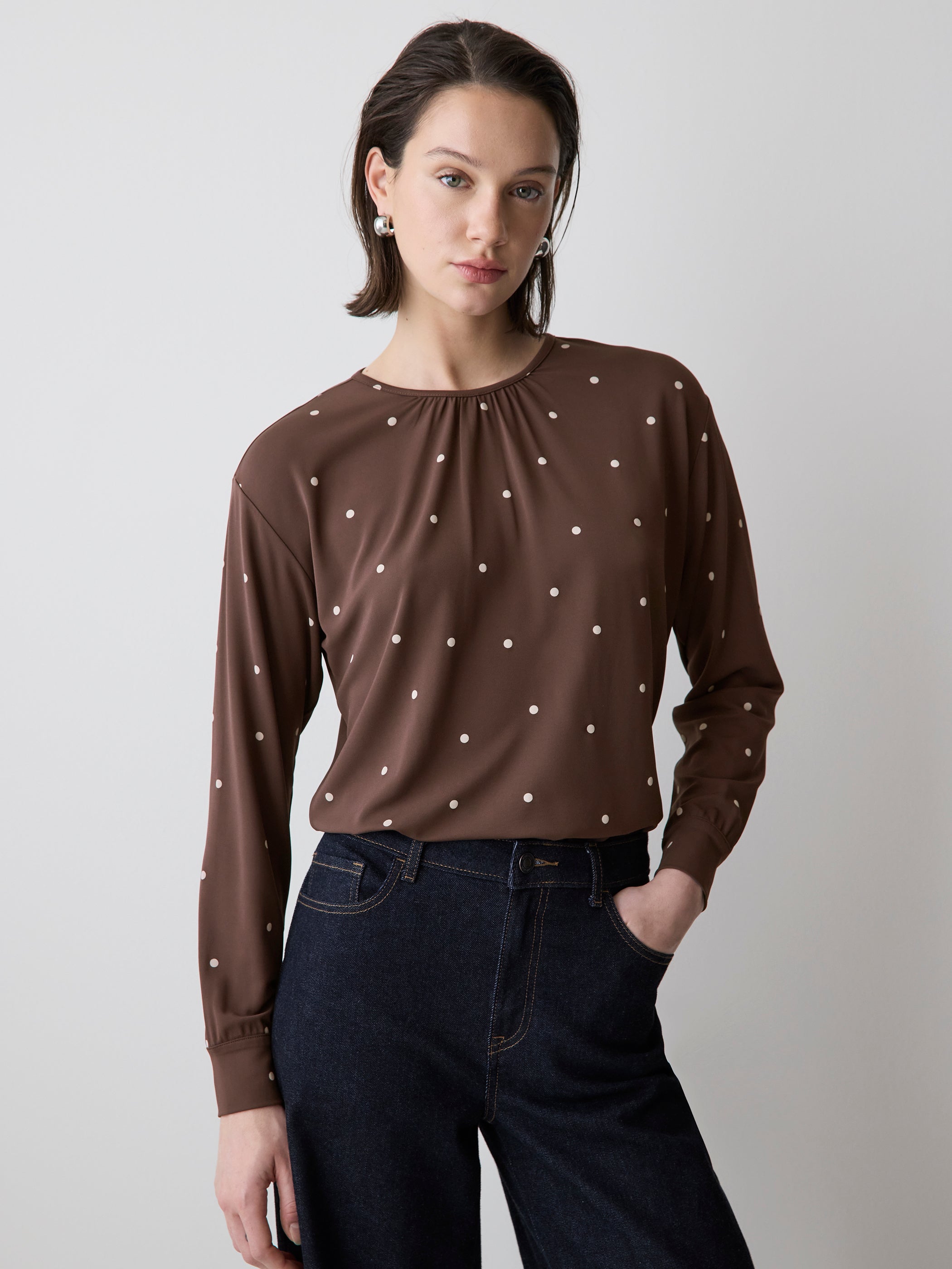 RW&CO Long-Sleeve Top with Shirred Crew Neckline
