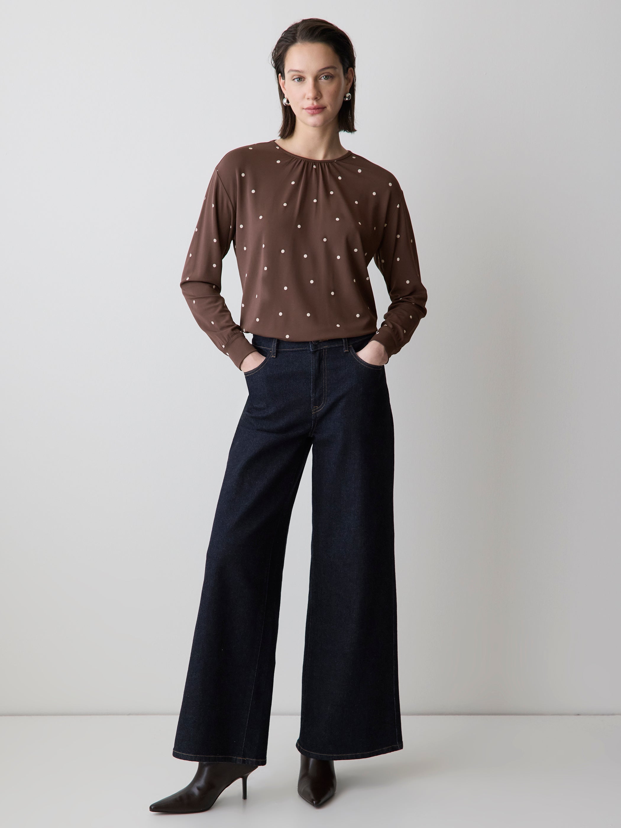 RW&CO Long-Sleeve Top with Shirred Crew Neckline