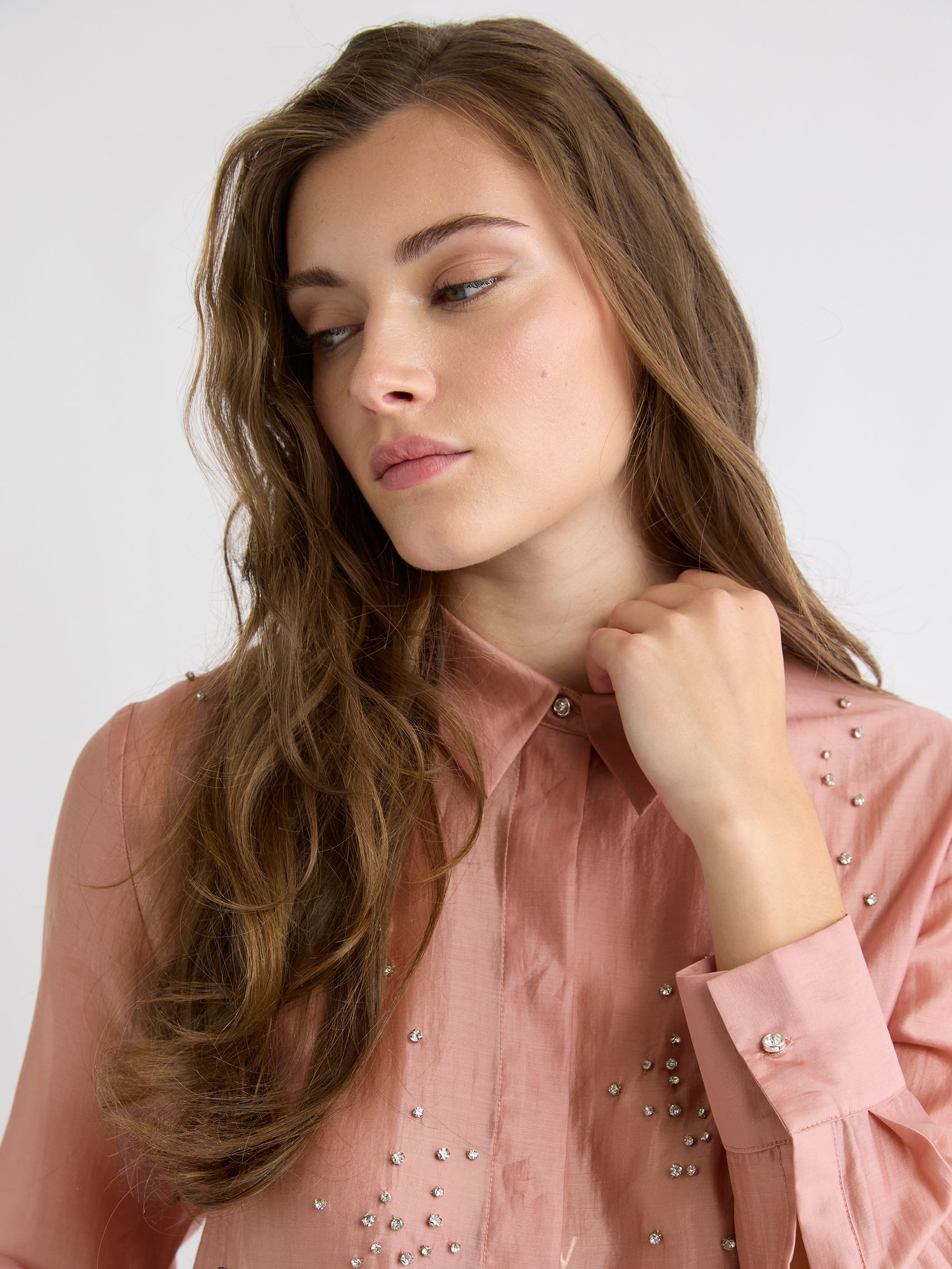 RW&CO Long-Sleeve Buttoned-Down Blouse with Rhinestones