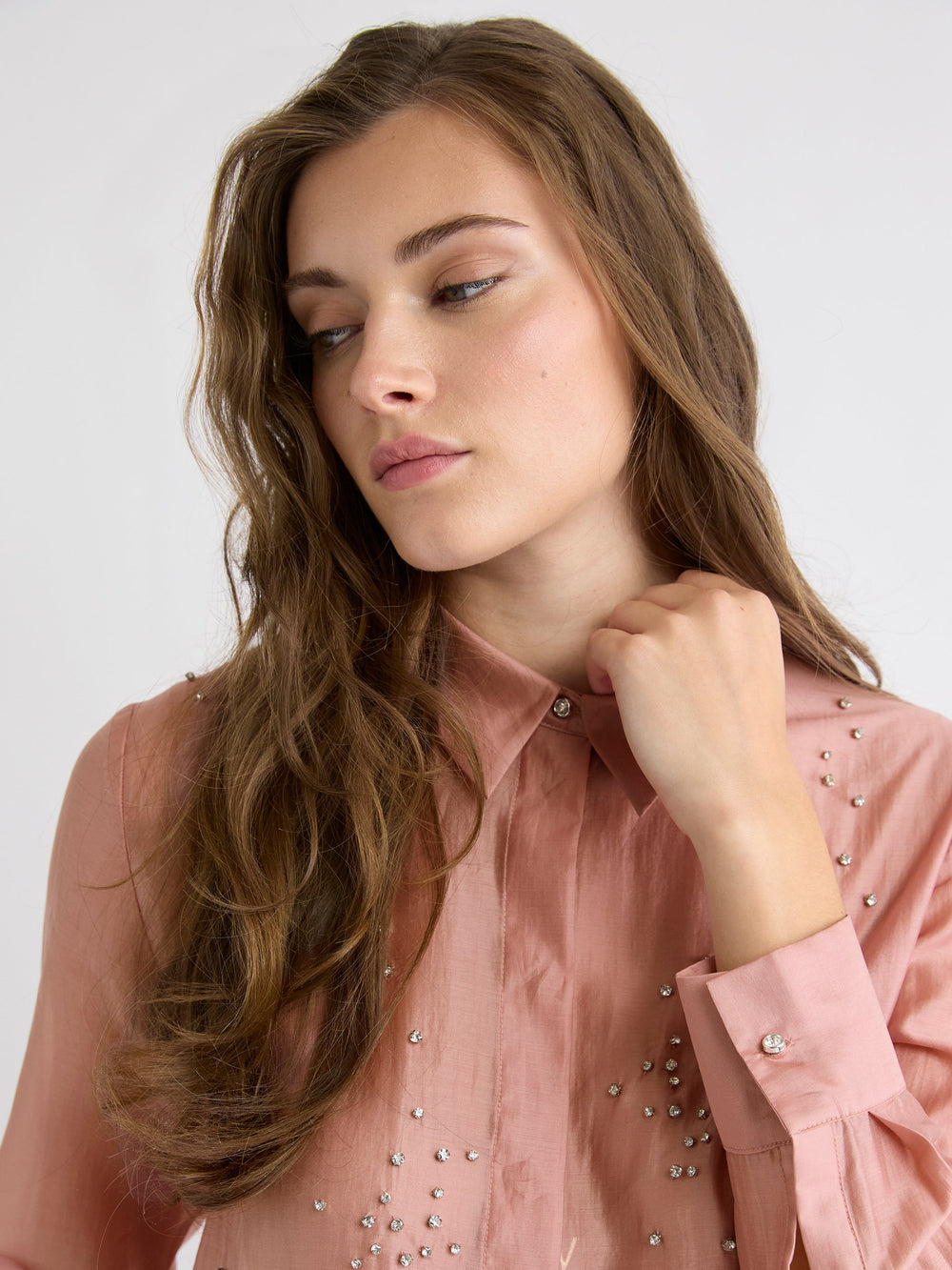 RW&CO Long-Sleeve Buttoned-Down Blouse with Rhinestones