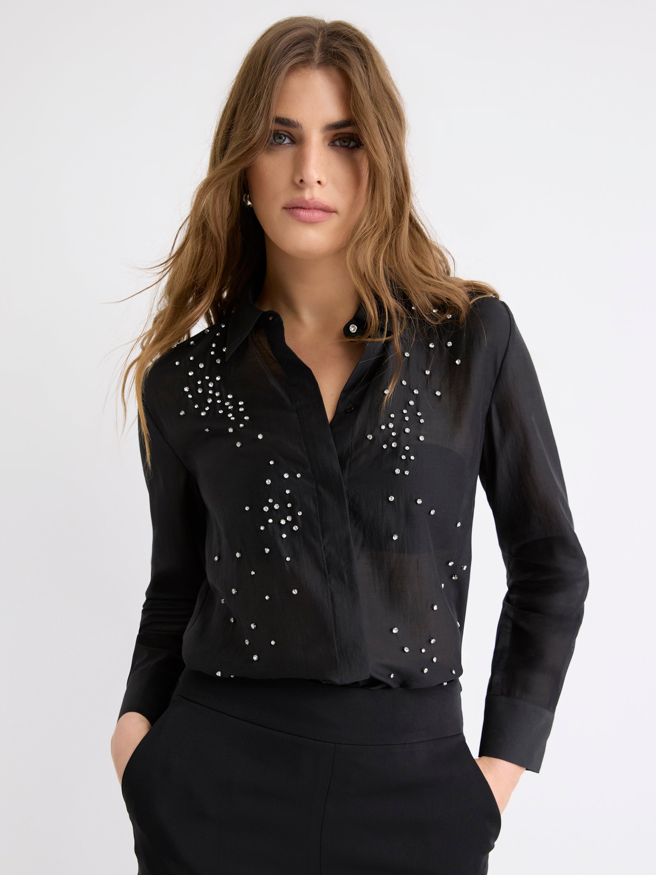 RW&CO Long-Sleeve Buttoned-Down Blouse with Rhinestones