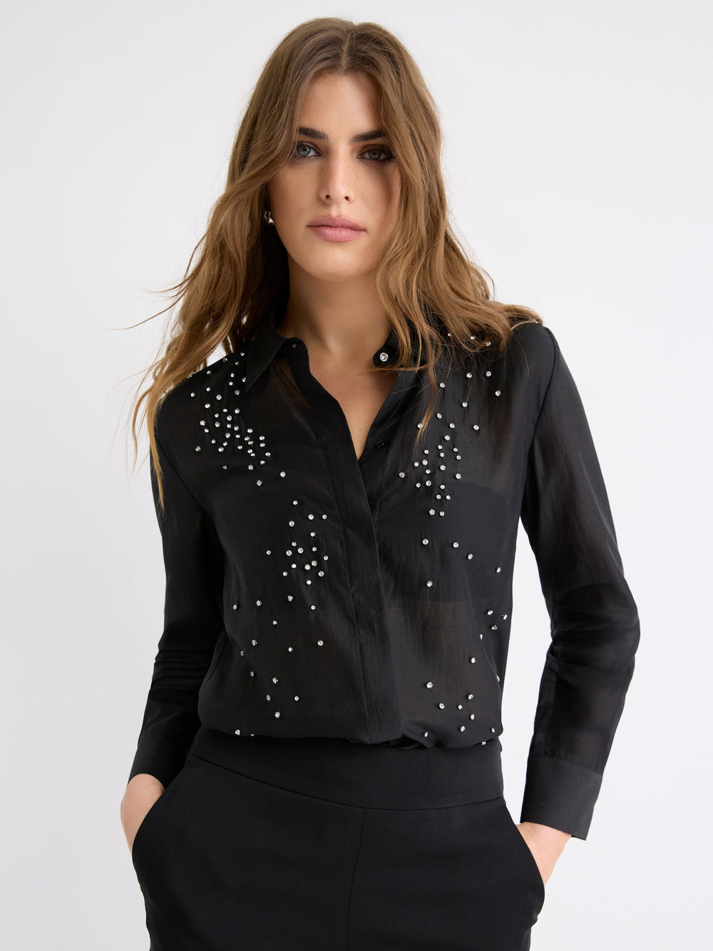 RW&CO Long-Sleeve Buttoned-Down Blouse with Rhinestones