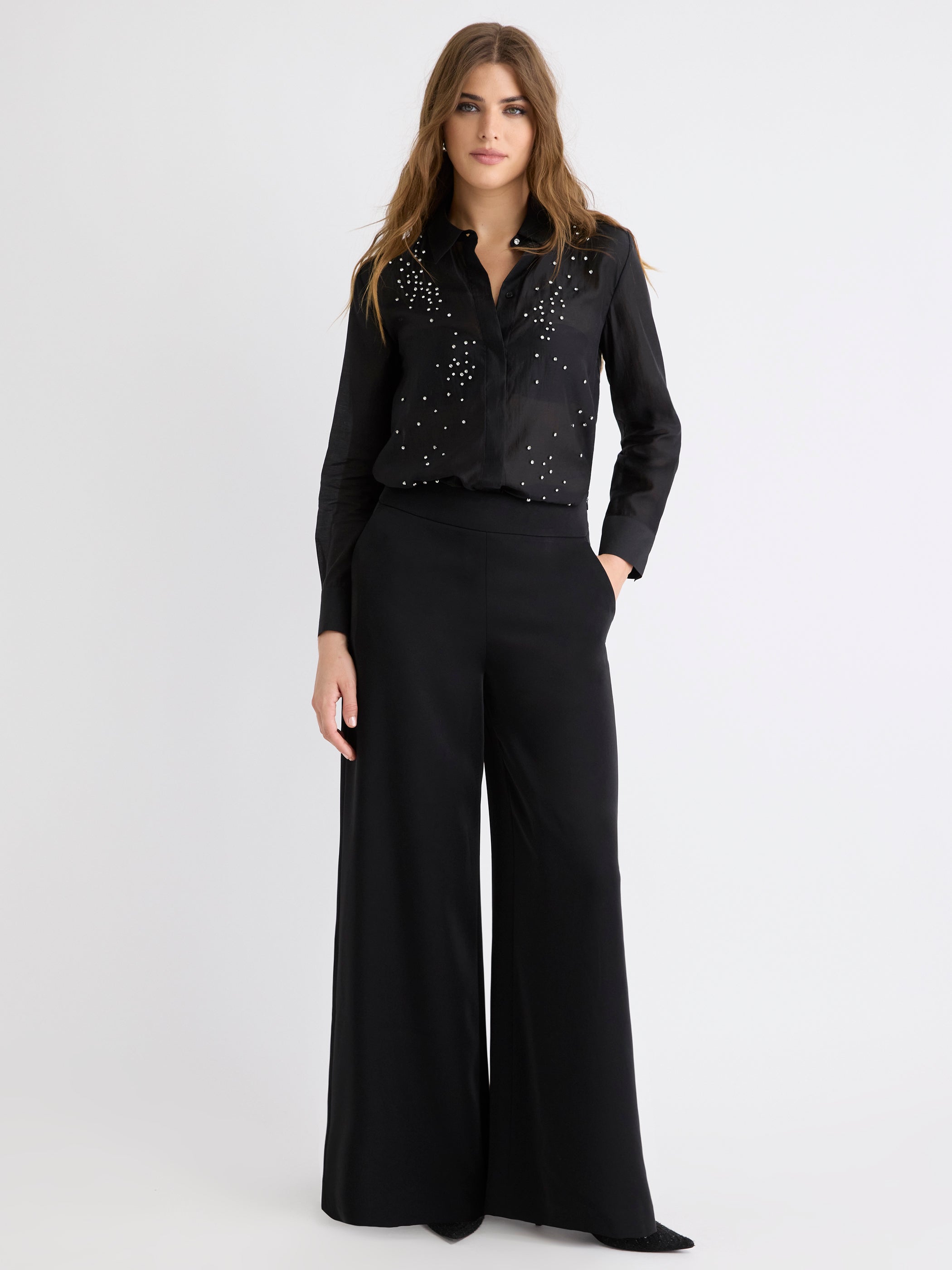 RW&CO Long-Sleeve Buttoned-Down Blouse with Rhinestones