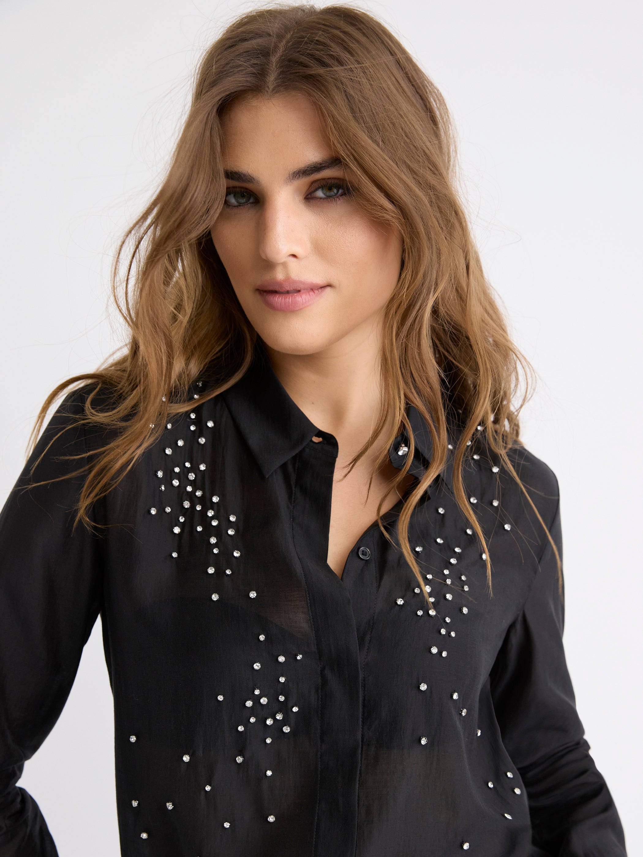 RW&CO Long-Sleeve Buttoned-Down Blouse with Rhinestones