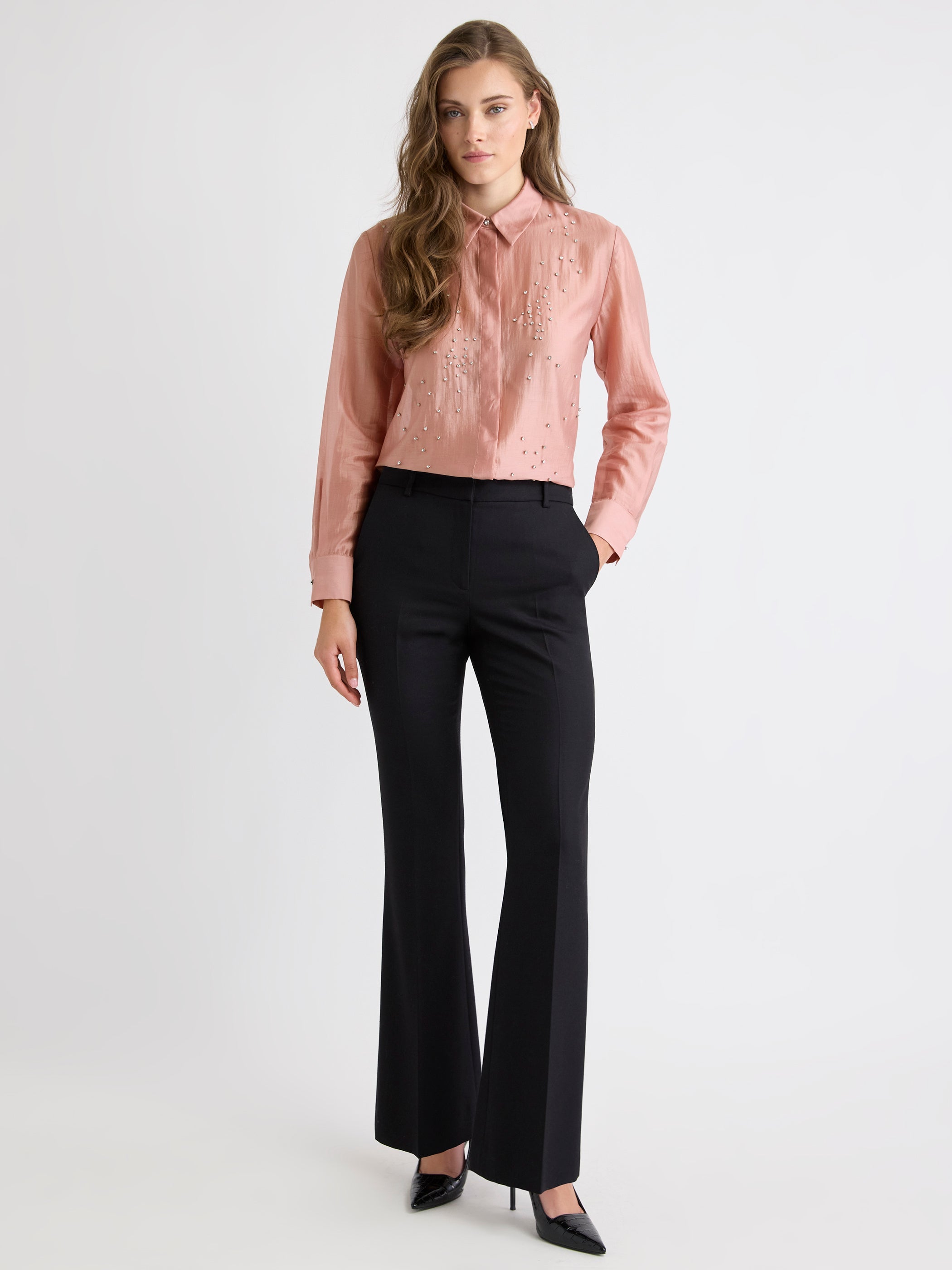 RW&CO Long-Sleeve Buttoned-Down Blouse with Rhinestones