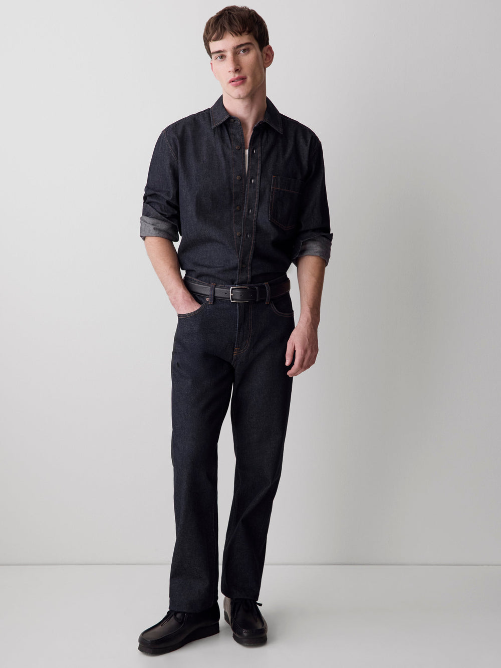 RW&CO Long-Sleeve Raw Denim Shirt with Chest Pocket