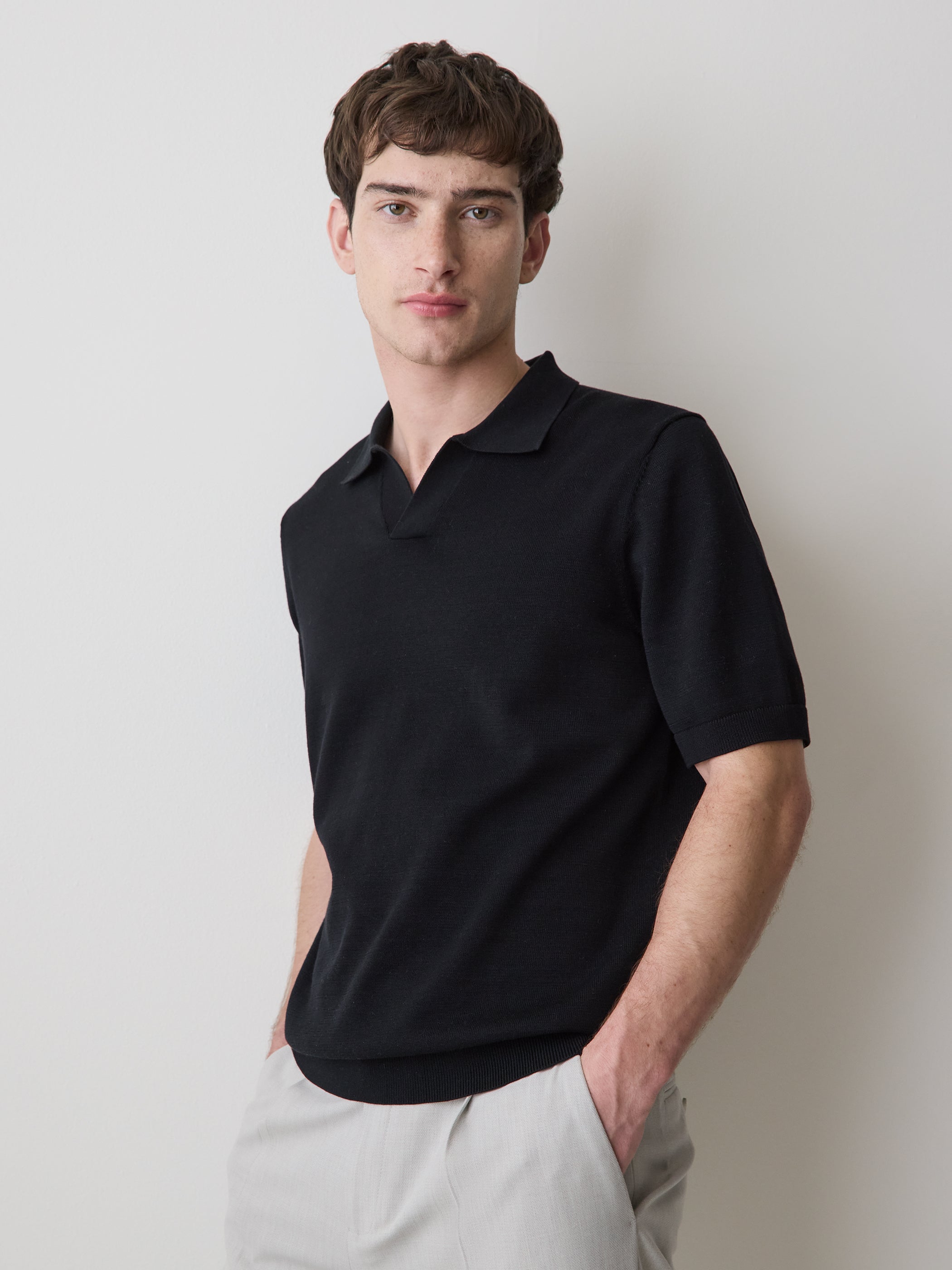 RW&CO Cotton Short-Sleeve Polo with Johnny Collar