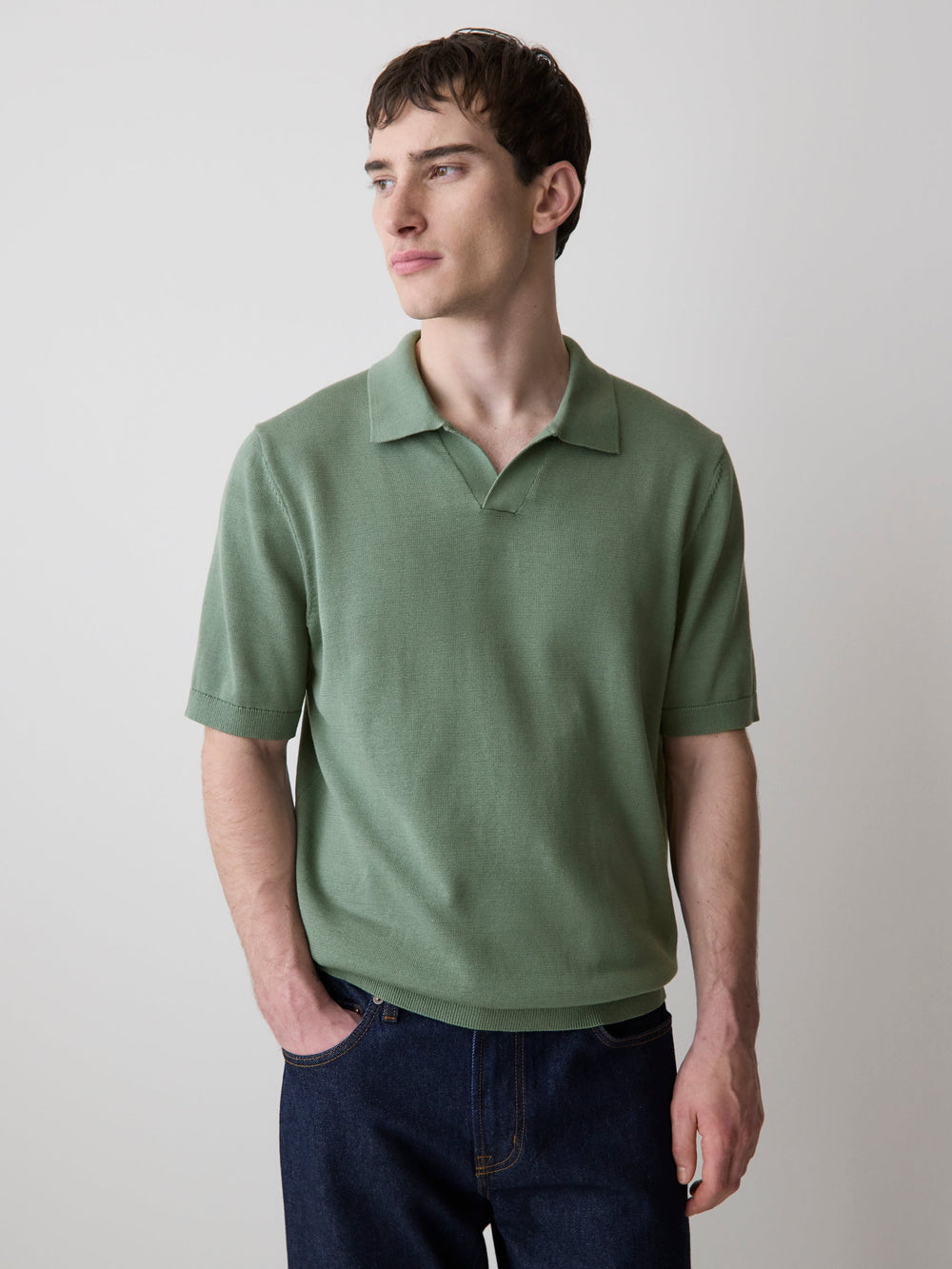 RW&CO Cotton Short-Sleeve Polo with Johnny Collar