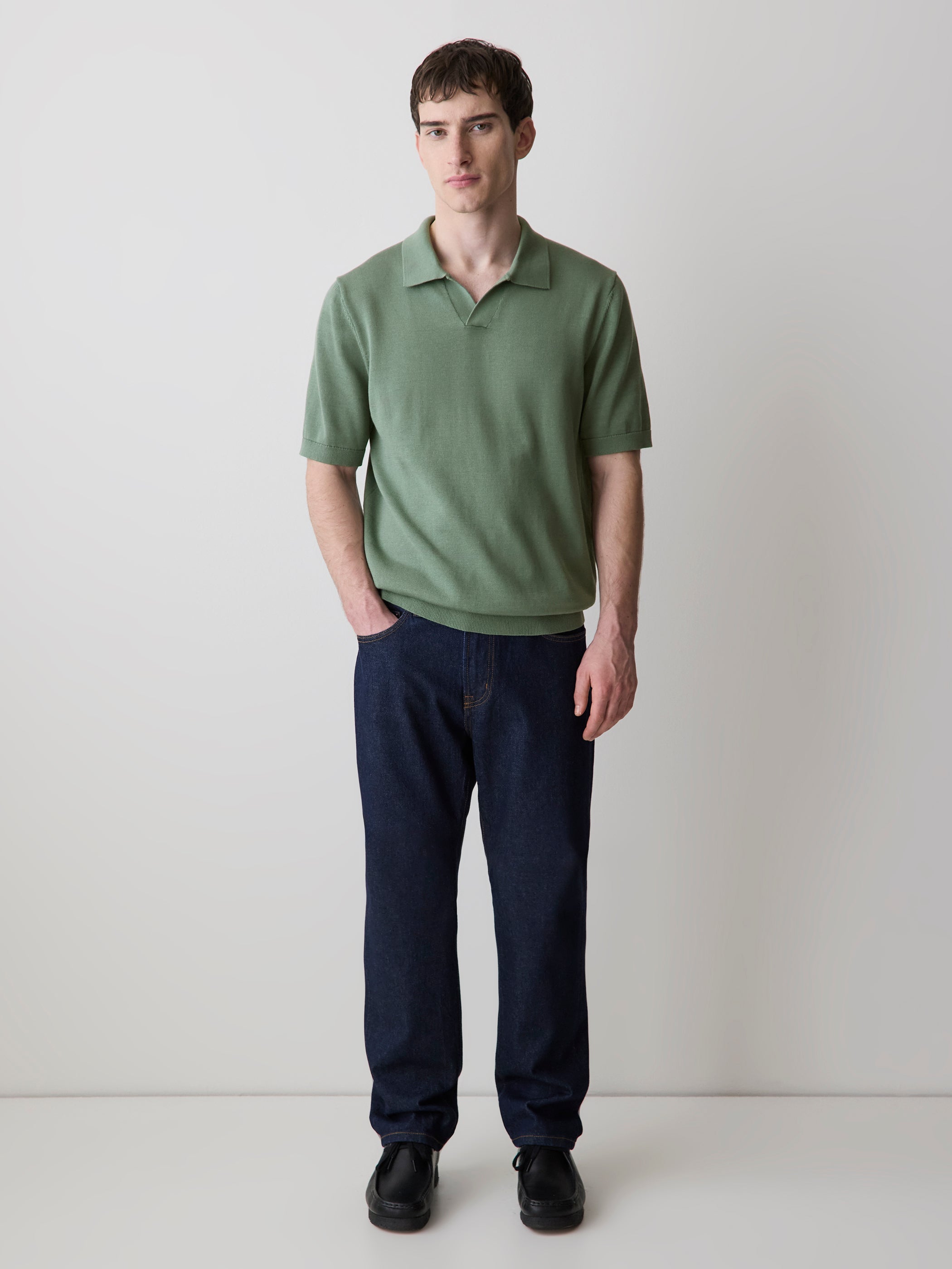 RW&CO Cotton Short-Sleeve Polo with Johnny Collar