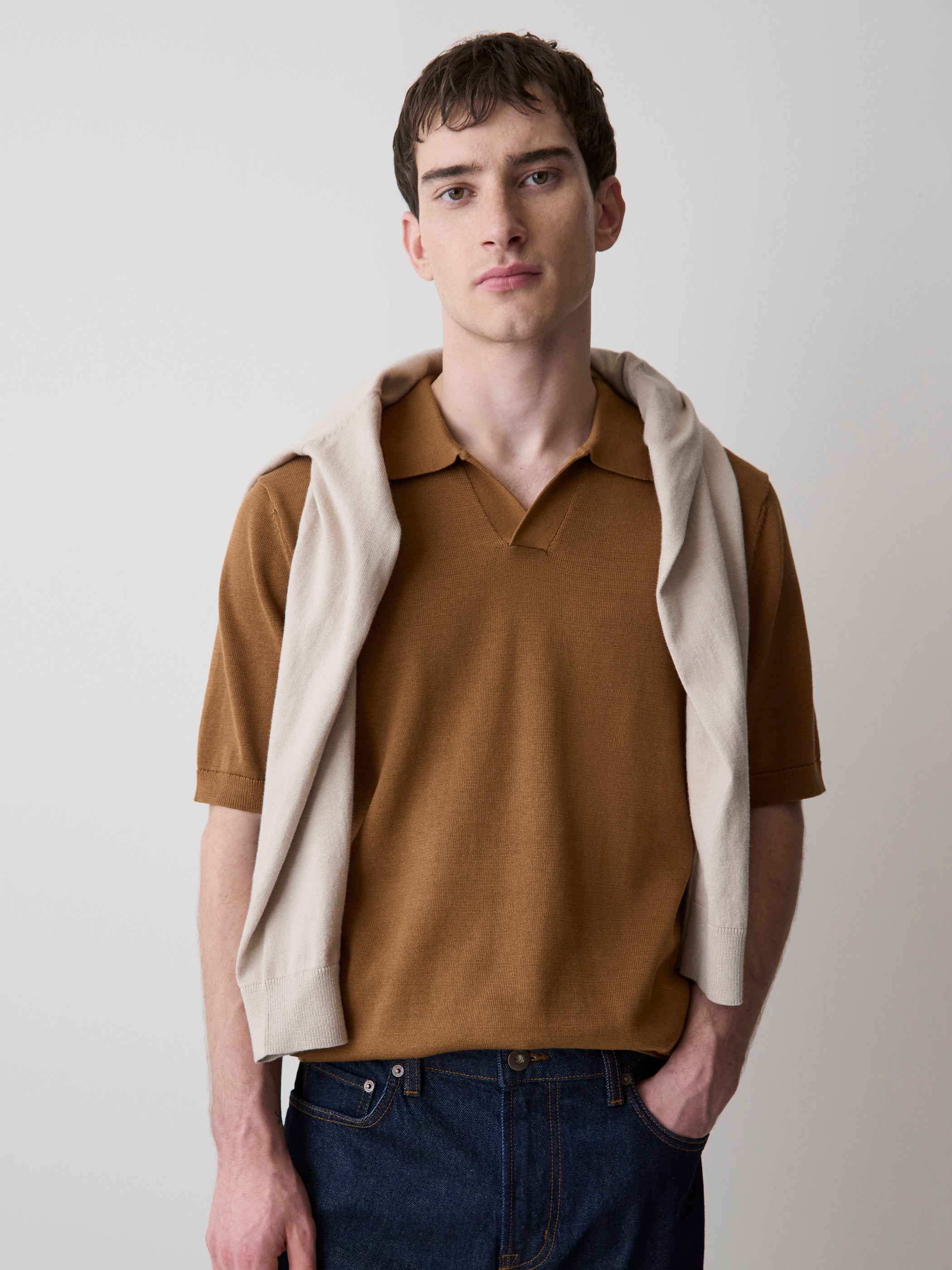 RW&CO Cotton Short-Sleeve Polo with Johnny Collar