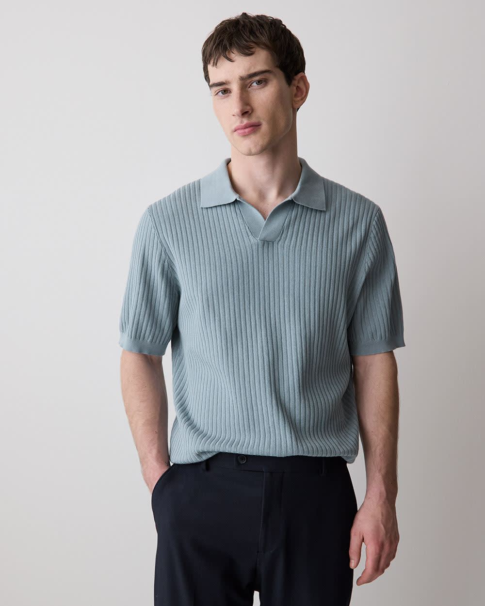 RW&CO Cotton Short-Sleeve Polo with Johnny Collar