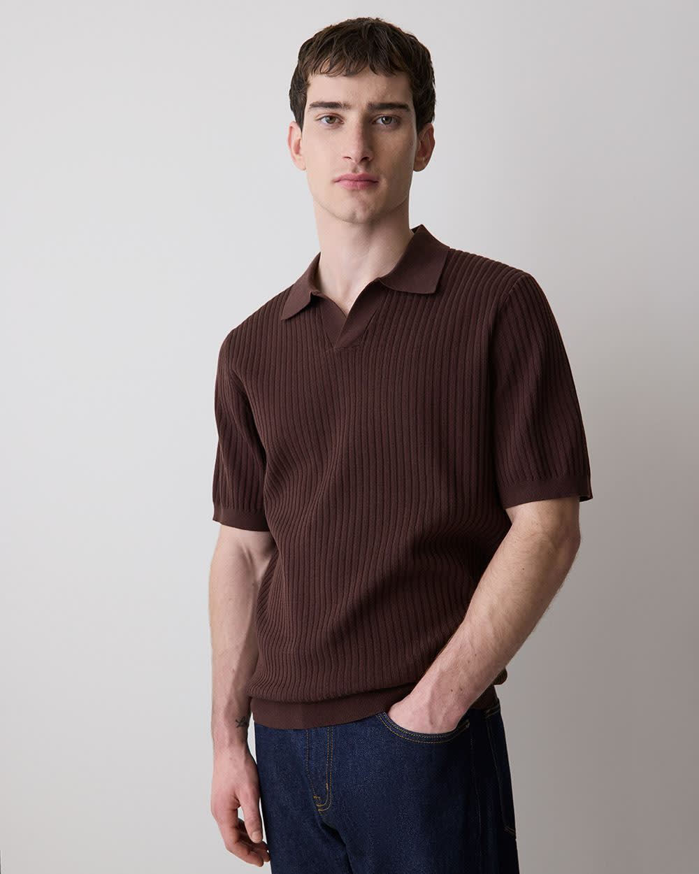 RW&CO Cotton Short-Sleeve Polo with Johnny Collar