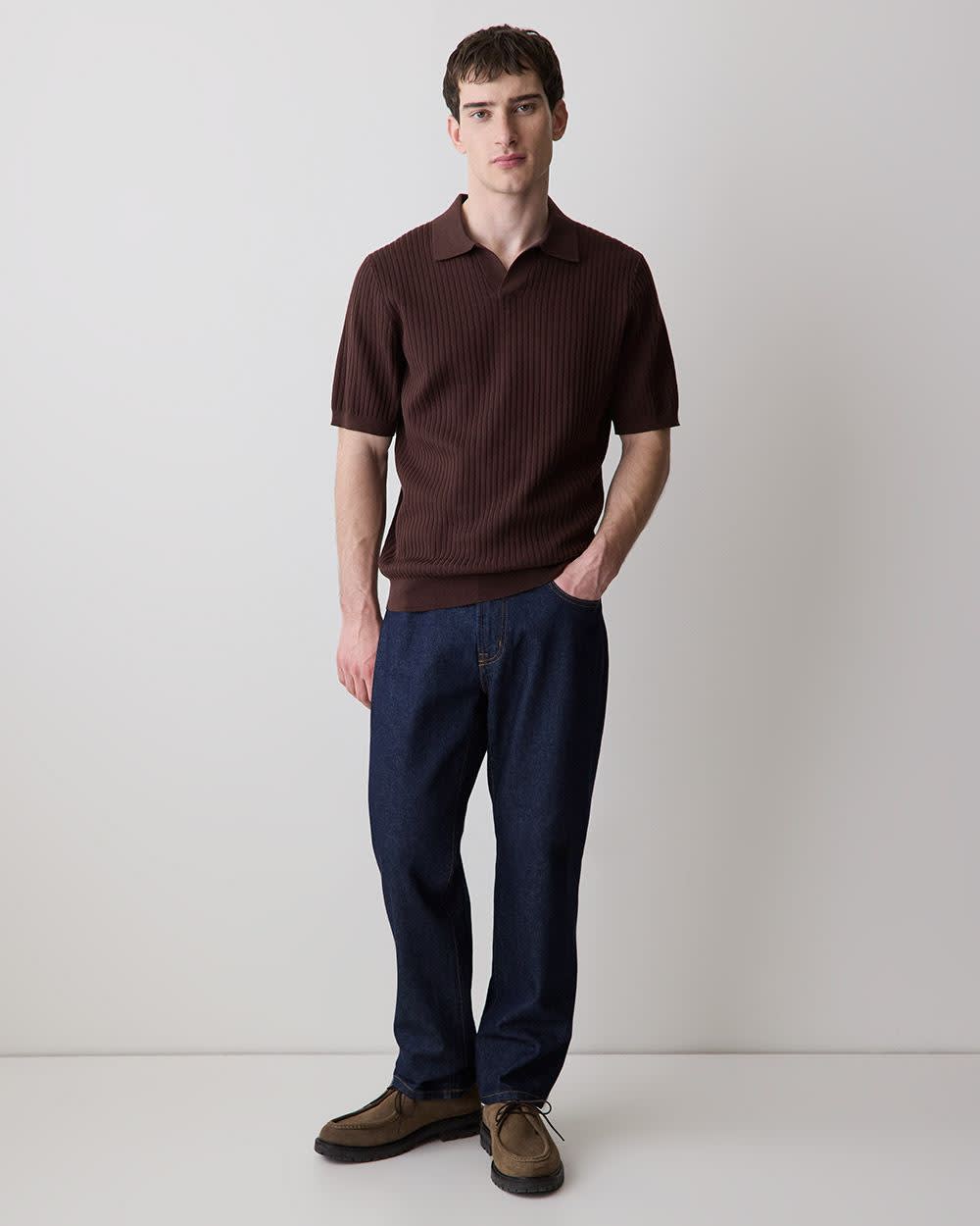 RW&CO Cotton Short-Sleeve Polo with Johnny Collar